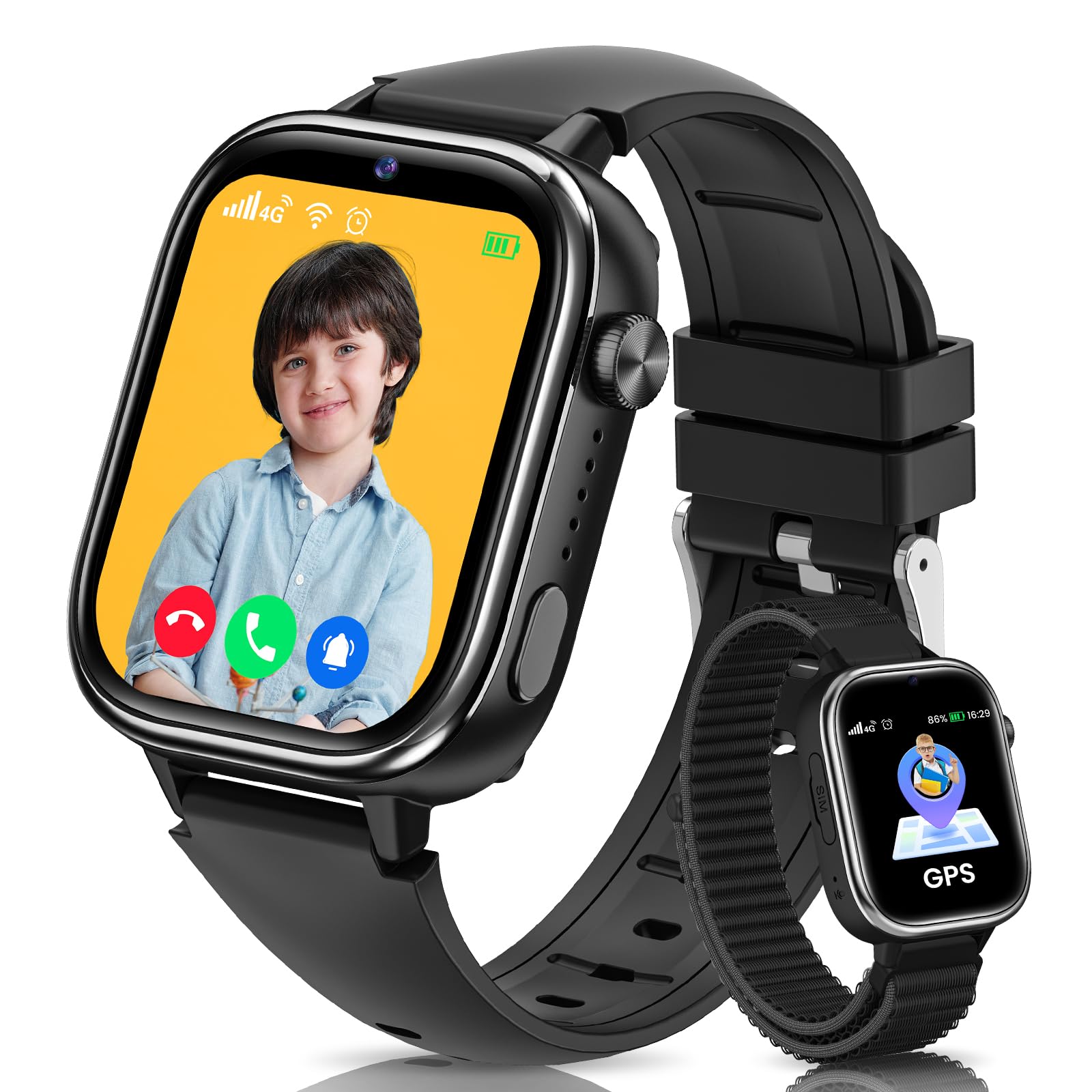 JoJoego Reloj Inteligente Niño, 4G Smartwatch Niños con GPS y Teléfono, Videollamada, Llamadas, SOS, Modo Escuela, Chat, SIM, Despertador, Podómetro IP68, Regalo Niñas/Niños, 4-14 Años Negro
