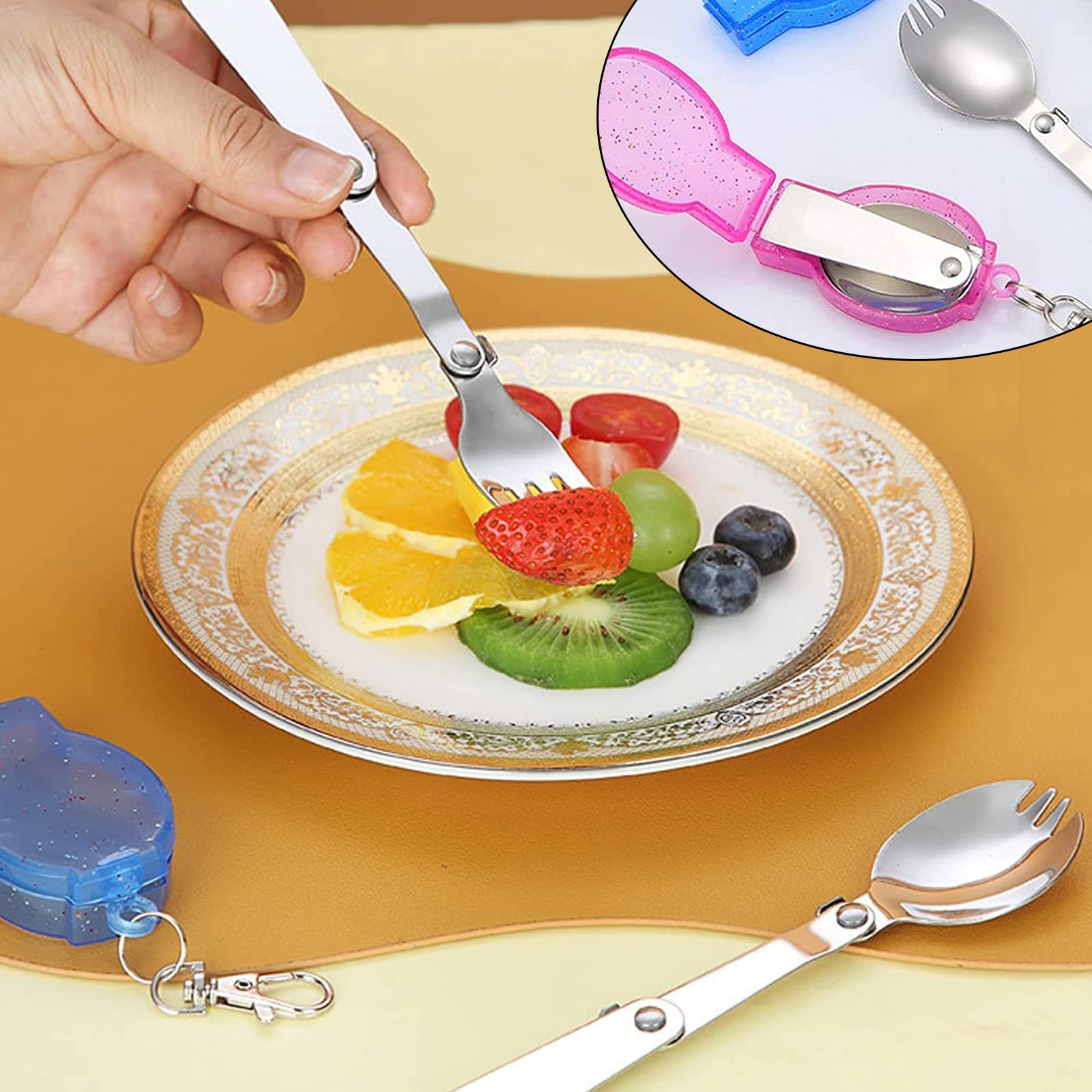 2 Piezas Tenedores y Cucharas Plegables, Cucharas de Ensalada Plegables, Vajilla Plegable, Duradero y Fuerte, für Pícnic Al Aire Libre, Oficina, Comidas Escolares (Rosa, Azul)