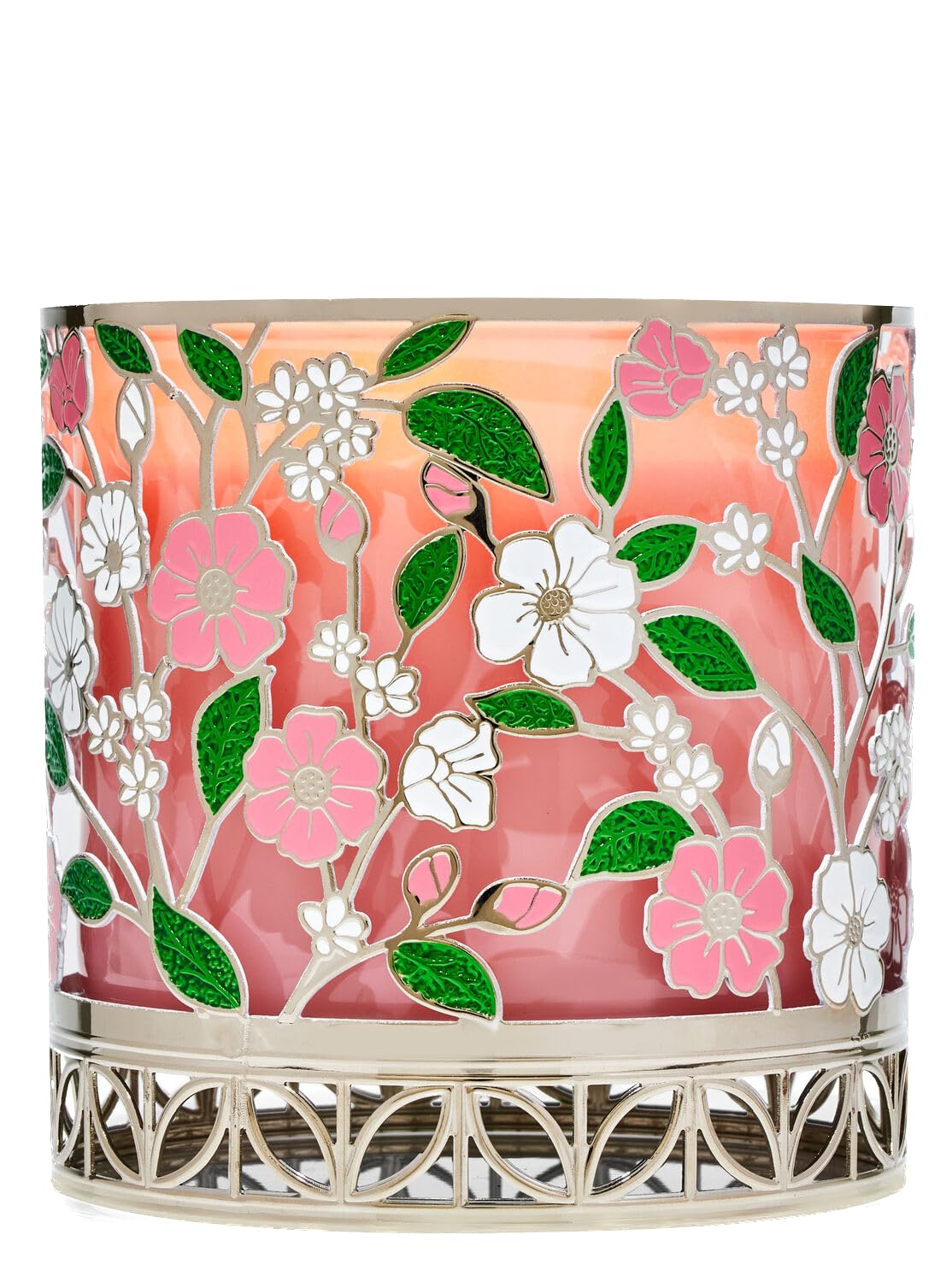 Bath + Body Works Floral Candle Holder - Silver Tone Metal w/Pink and White Flowers - Decorative Candle Sleeve for 3 Wick Candles - Compatible with All Bath and Body Works 3 Wicks.