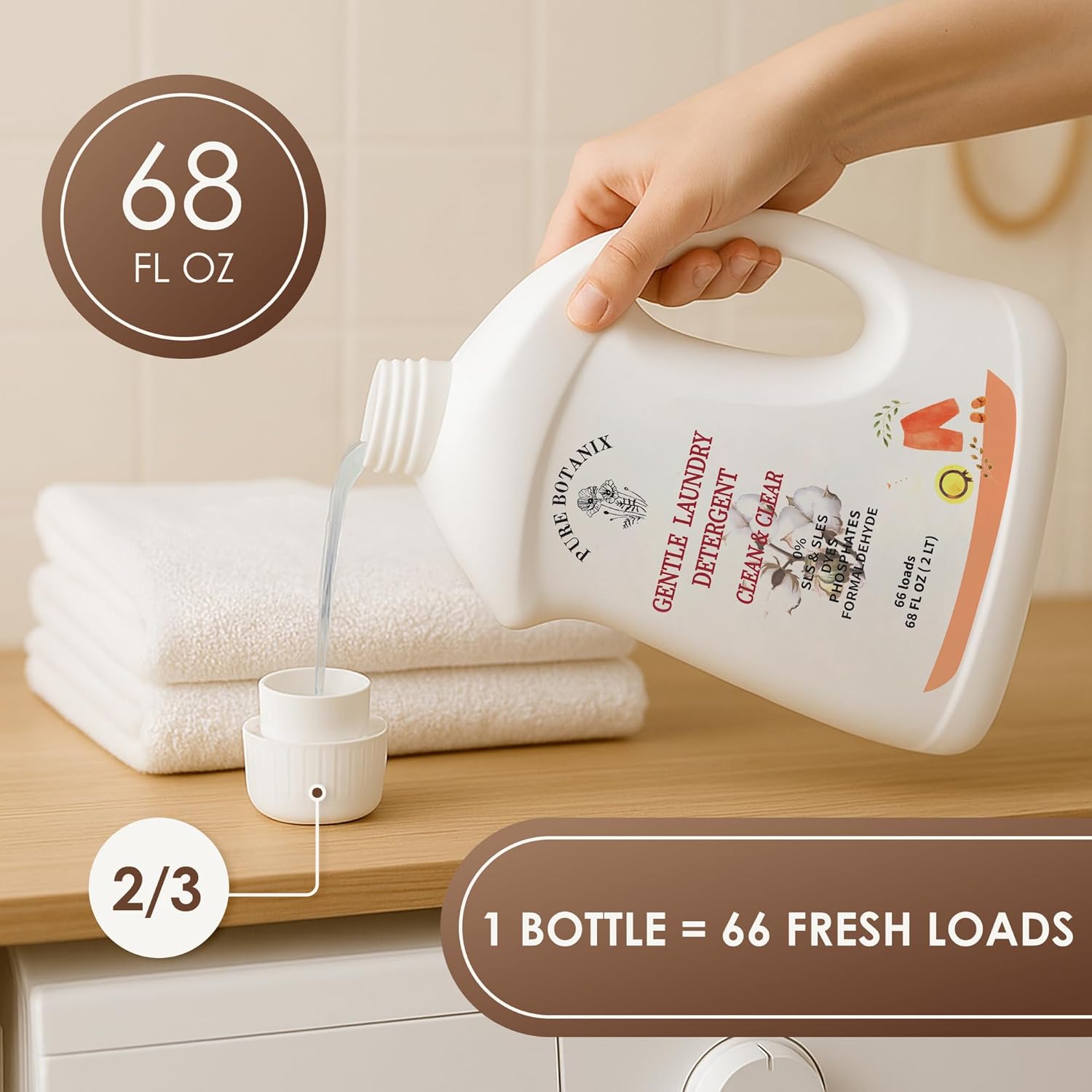 Unscented Plant-Based Laundry Detergent 68 Fl Oz | 66 Loads, Natural Hypoallergenic Non-Toxic Soap for Sensitive Baby Skin, HE-Compatible Concentrated Enzyme Stain Remover, Sulfate Free - Image 3