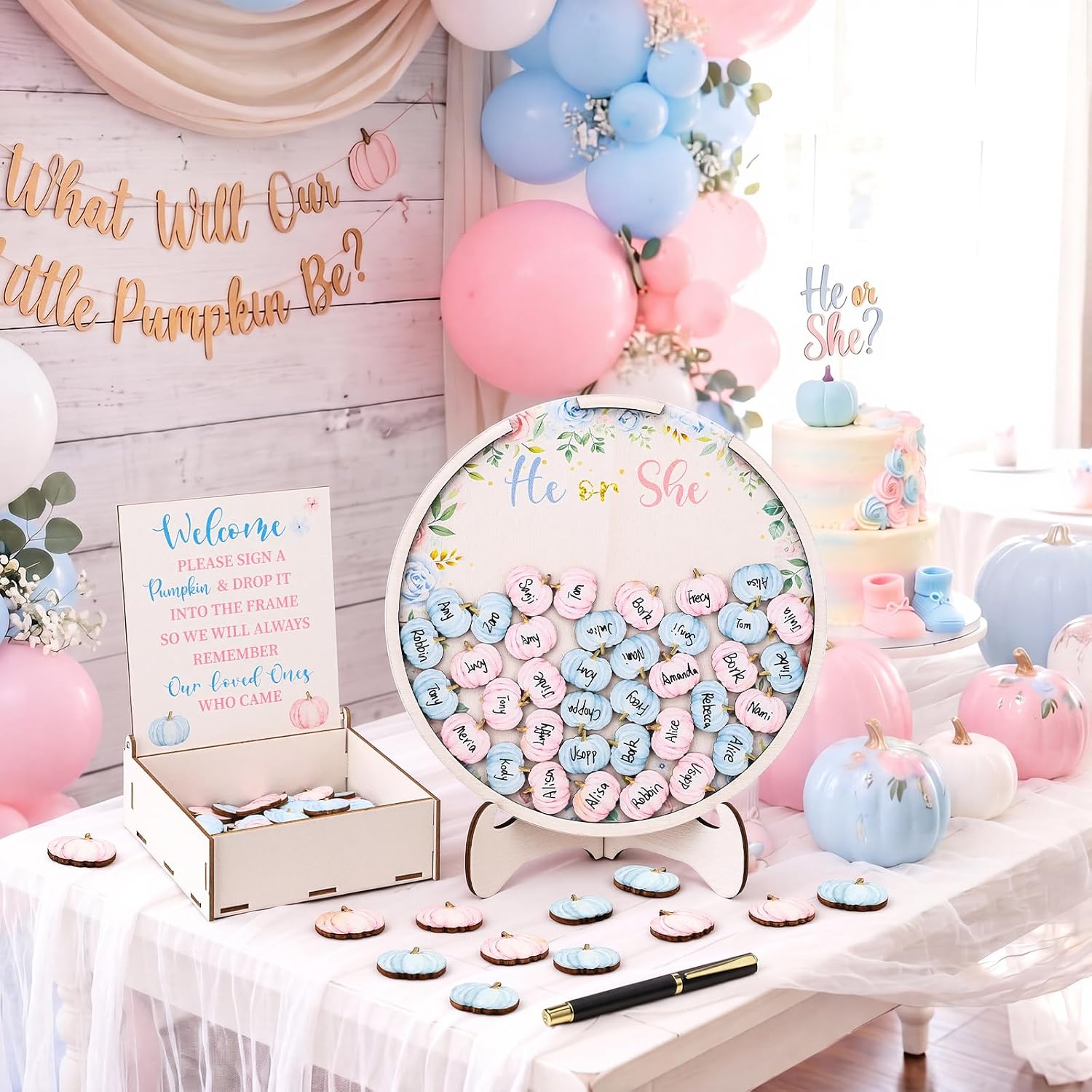 AceOrbit 63 Pcs Gender Reveal Tree Guest Book Boy or Girl, Pumpkin
