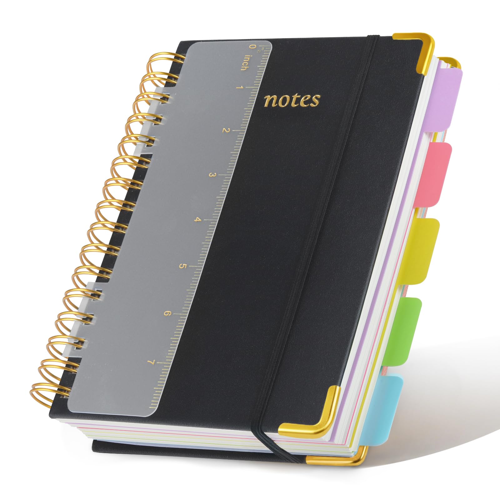 Pomodee Black Notebook Hardback with Removable Dividers Tabs,Ruler,300 A5 Pages Line 5 Subject Notebook College Ruled,Spiral Bound for Work School Note Taking