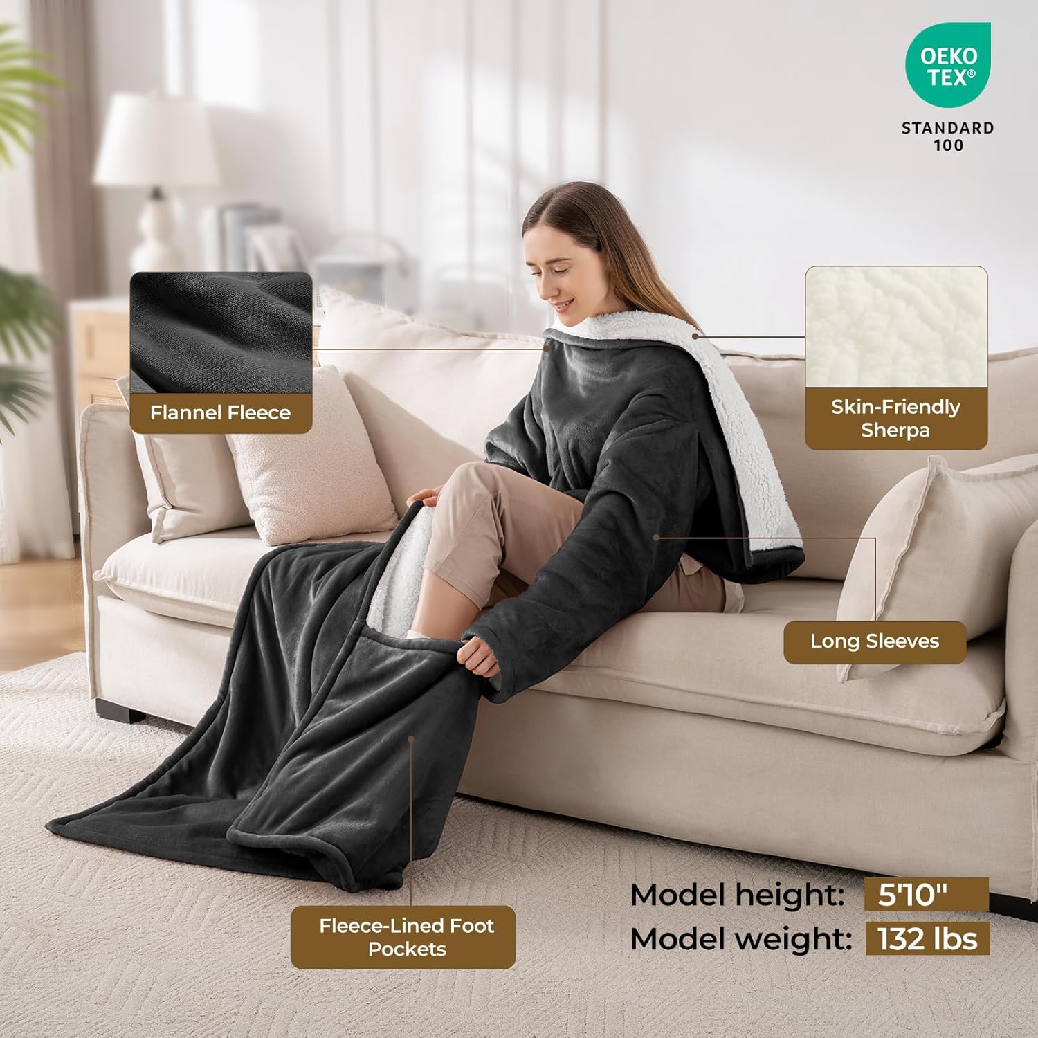 Wearable Heated Blanket with Foot Pocket & Sleeves, Electric Blanket Heated Robe for Women & Men, 5 Heat Settings, 3H Auto-Off, Machine Washable, ETL Certified, Gift-Ready, 50x70 Inches, Grey - Image 4