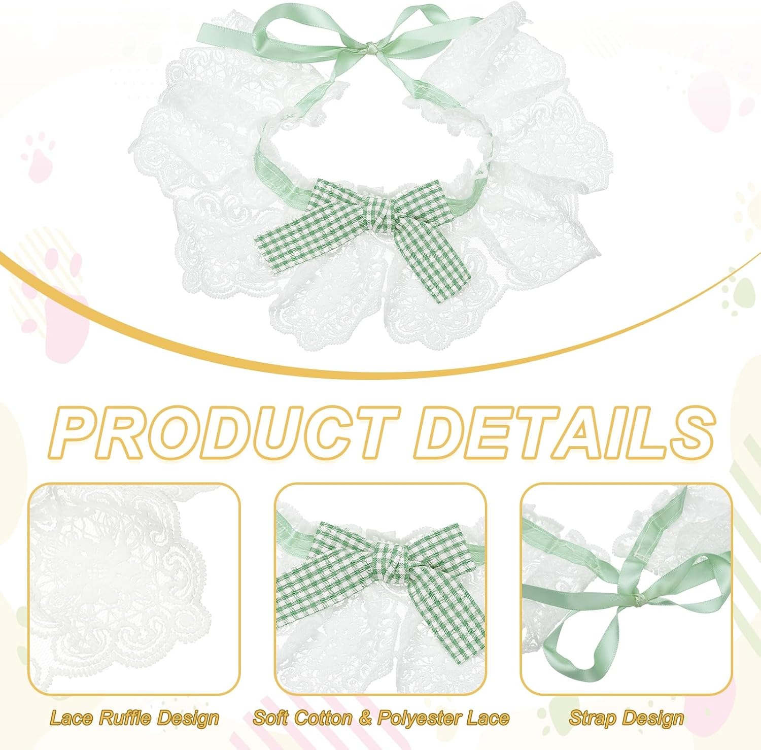 Cat Lace Pet Collar, Cute Cat Collar Dog Bibs Pet Bowtie Plaid Bandana Adjustable and Breakaway Green & S - Fitting for (Dogs/Kitten/Small Puppies Dress Up) image 3