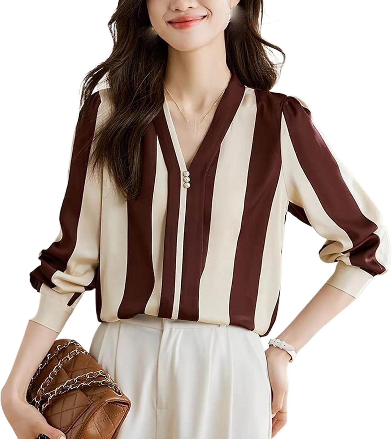 Women's Striped Satin Blouse Simple Office Lady Long Sleeves Formal Shirt Korean Style Casual Top