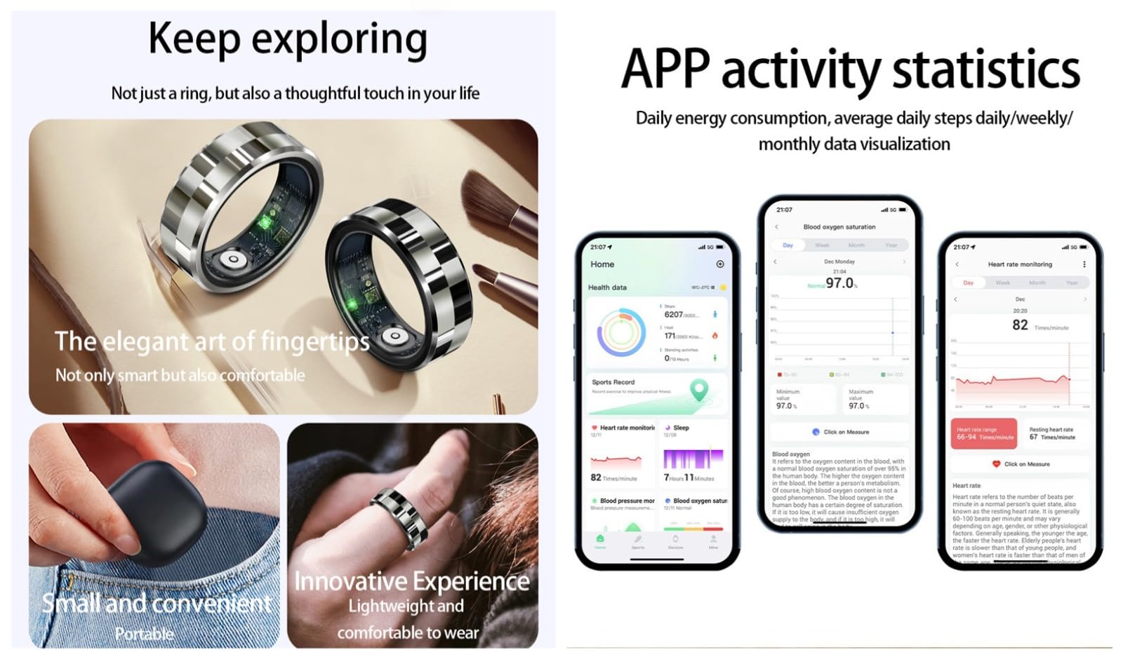 Smart Rings Tracker zdrowia, monitor aktywności z tętnem, tlenem we krwi, ciśnieniem krwi, trackerem aktywności, grami somatosensorycznymi, kontrolą gestów, do iPhone'a z systemem Android