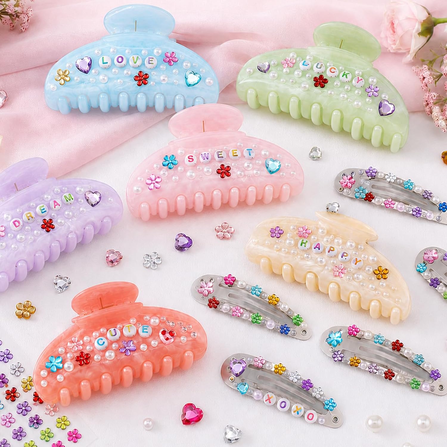 8Pcs DIY Hair Claw Clips Kit, Multicolor Acrylic Hair Clips with Letter Beads Number Beads Pearl Butterfly Flower Heart Stickers, Hair Clip Making Kit for Girls Sleepover Birthday Party