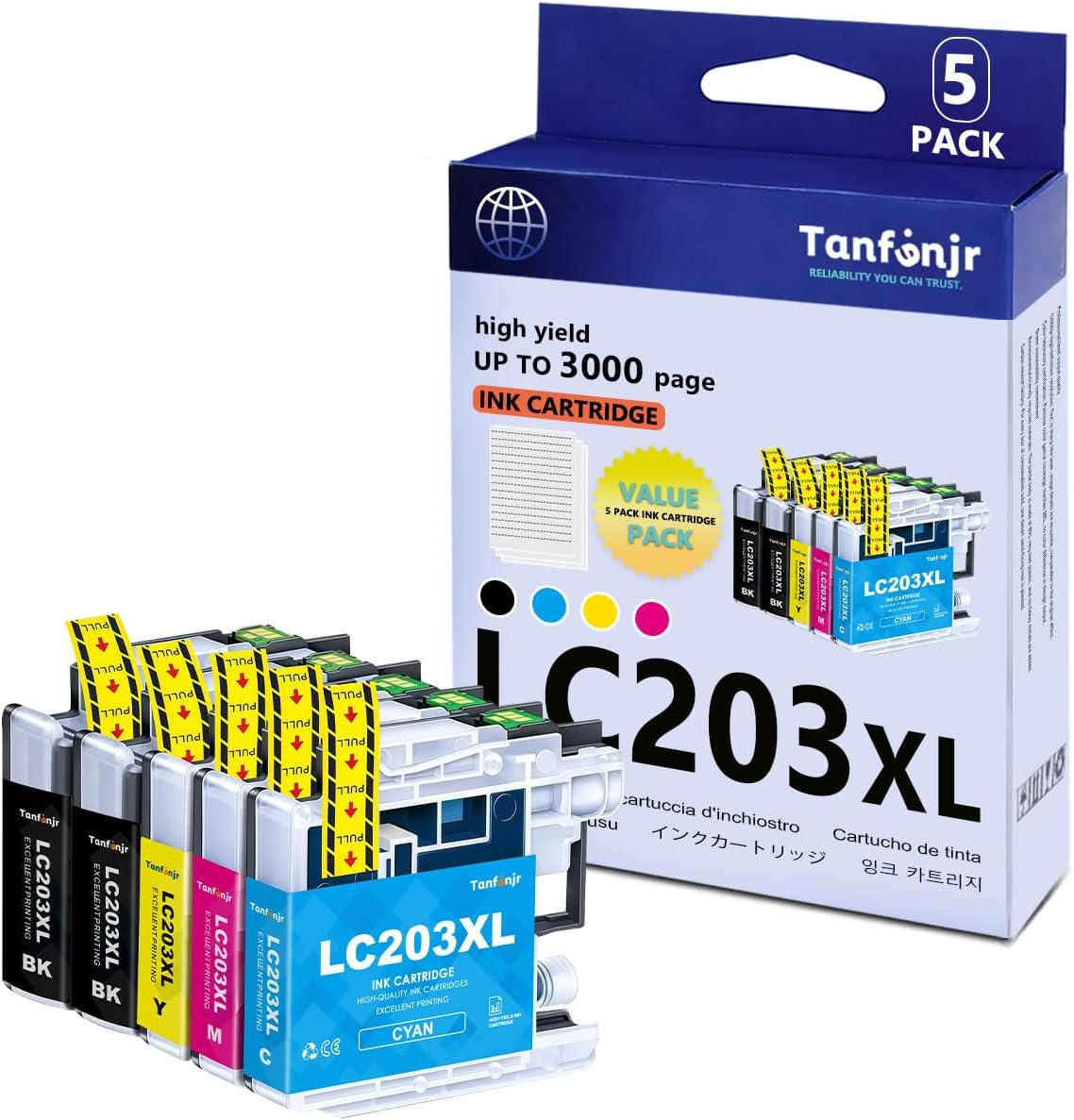 LC203XL Ink Cartridges Combo Pack 5-Pack (2BK/1C/1M/1Y) Replacement for Brother MFC-J480DW MFC-J880DW MFC-J4420DW MFC-J680DW MFC-J885DW Printer Ink