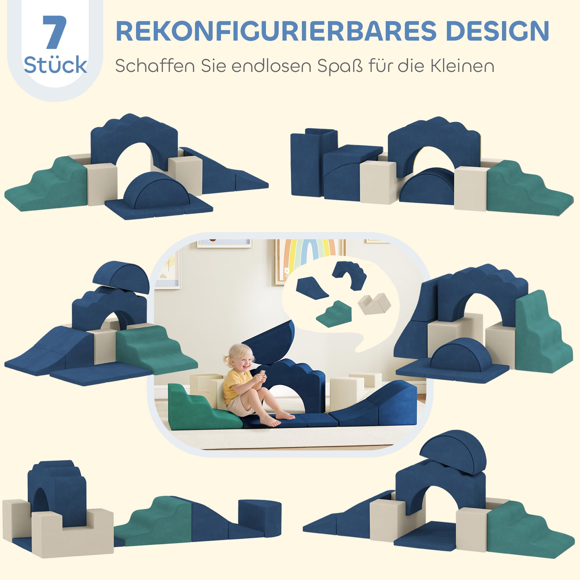 AIYAPLAY Kinder Schaumstoff Bausteine 7er Set Softbausteine Riesenbausteine Klettern Spielsofa Großbausteine mit Samtoptik Modulares Bausteine-Sofa Baby Kletterspielzeuge Dunkelblau