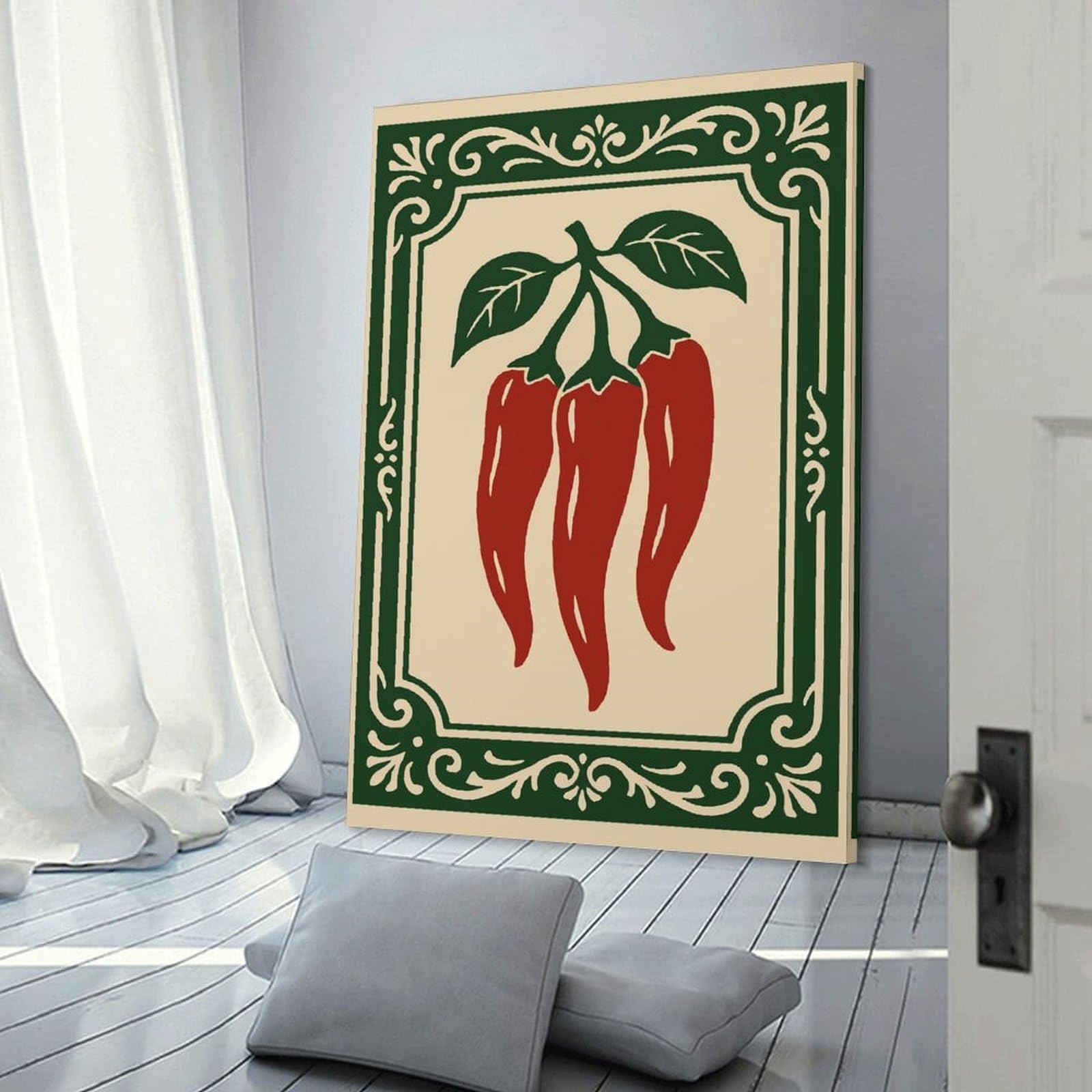 Junmoney Three Red Chili Peppers with Green Leaves Room Decor Wall Art, 24x36inch(60x90cm), for Living Spaces, Bedrooms Or Relaxed Rooms, Canvas Styling for A Polished Room Look