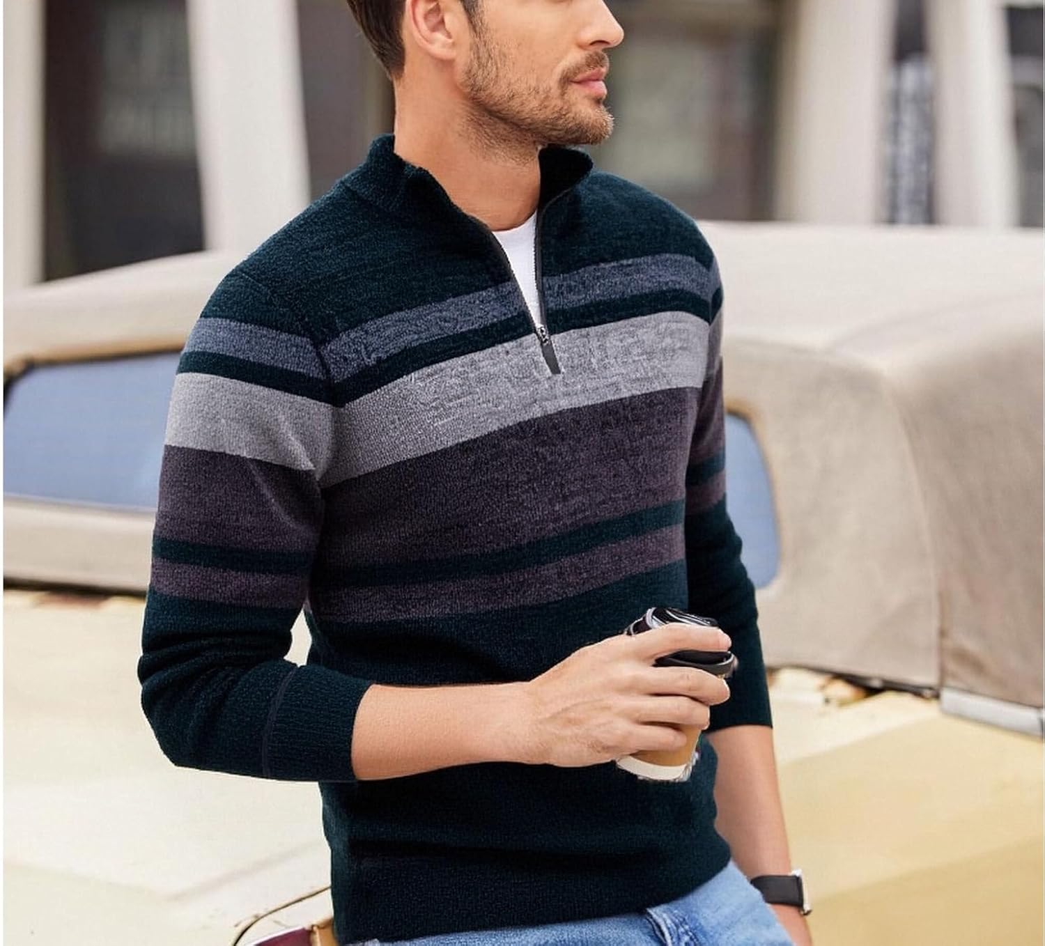 Men's Quarter-Zip Sweater Striped Pullover Color Block Knit Sweaters for Men, Long Sleeve Casual Polo Sweatershirt - Image 2