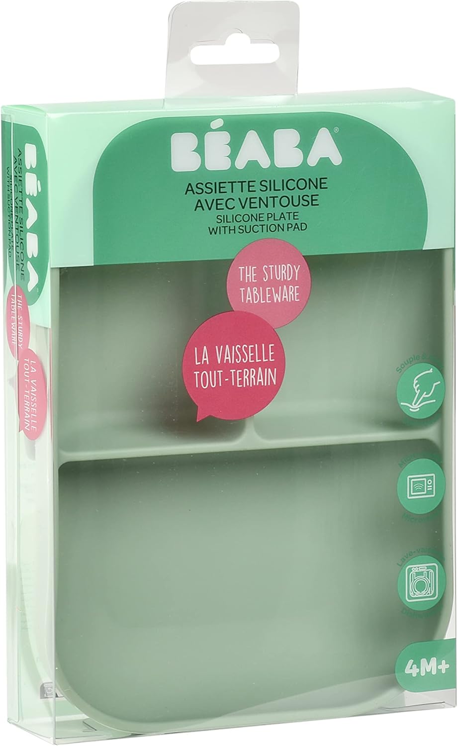 Beaba Silicone Suction Plates for Baby, Made with High Grade Food Safe Silicone, Toddler Dishes, Soft Unbreakable Baby Plates with Suction Bottom, Sage