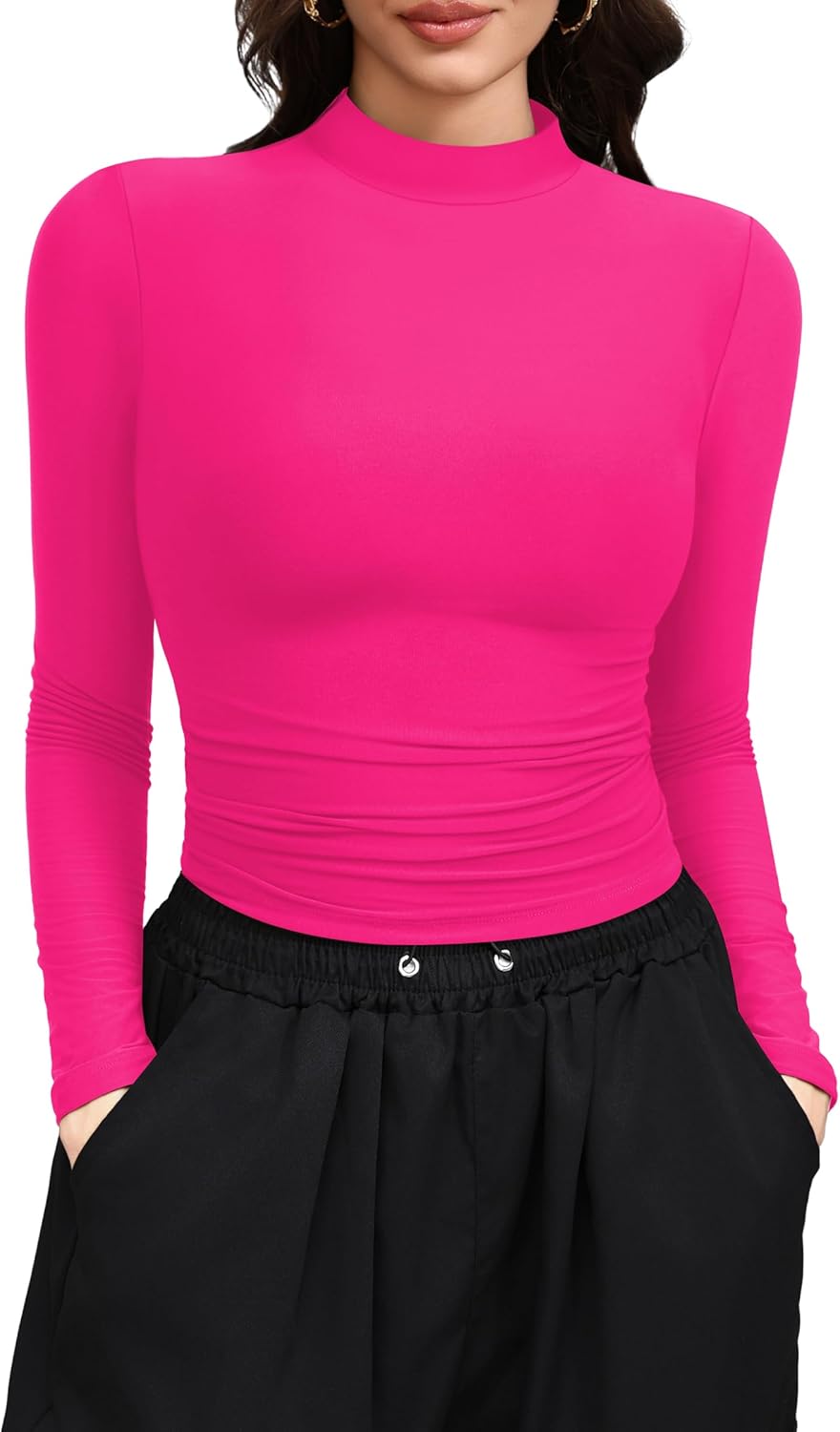 Laughido Women's Mock Neck Long Sleeve Slim Fit Double Lined T-Shirt Casual Basic Crop Tops 2025 Fall Clothes