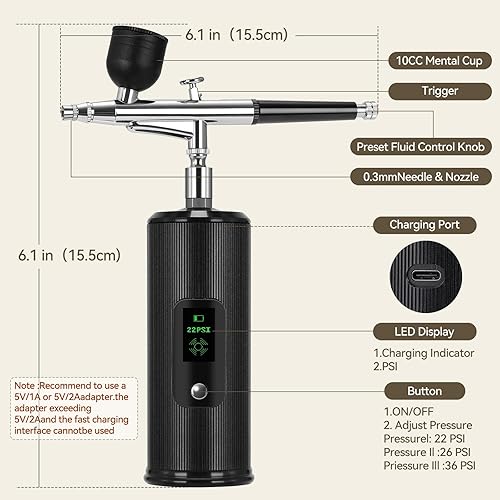 Miniatura 4 de LAKIX Kit de aerógrafo con compresor, pistola de aerógrafo recargable inalámbrica, 36PSI cepillo de aire portátil de mano para uñas, pintura,