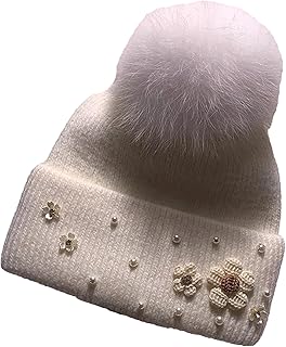 女性のクラシックな取り外し可能なポンポンアンゴラニットビーニーハット、クラシックなパール付き、フレンチスタイルの花、暖かい屋外スノーキャップ