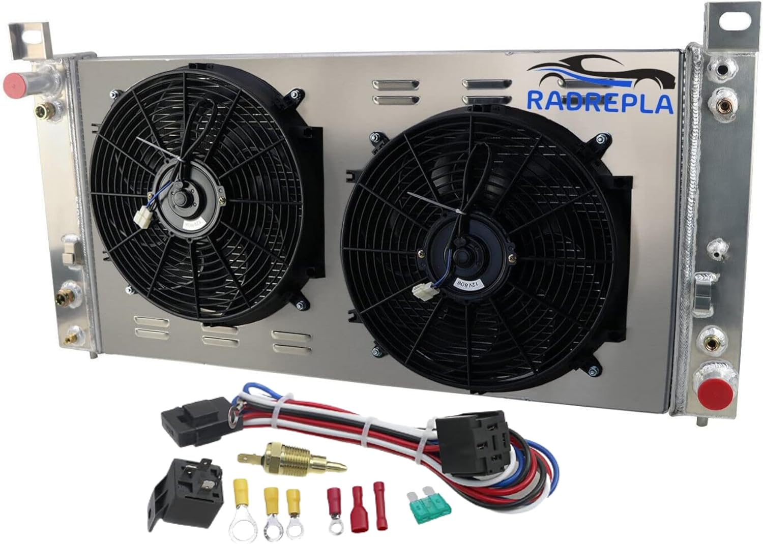 4 Row Aluminum Radiator for 99-14 Chevy Avalanche Tahoe Suburban Silverado 1500 2500 3500 HD/GMC Yukon XL Sierra Cadillac Escalade Hummer H2 Radiators Shroud 2 x 14" Fans Thermostat Relay Kit