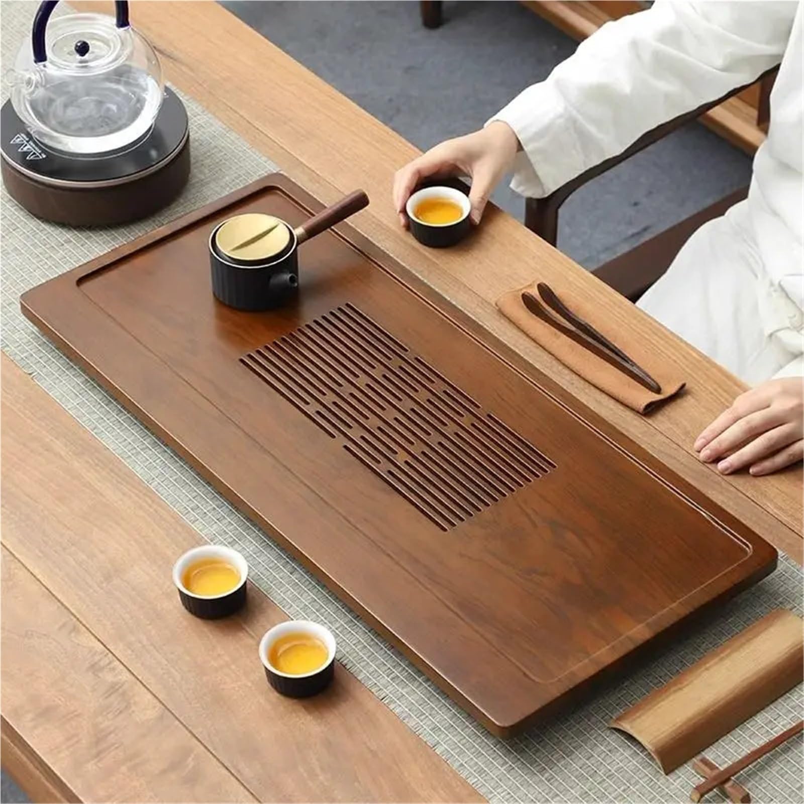 Vassoio da tè in bambù da 59 cm, per utensili da tè e caffè, con drenaggio e conservazione dell'acqua, per cerimonie del tè, perfetto per gli appassionati di tè e caffè