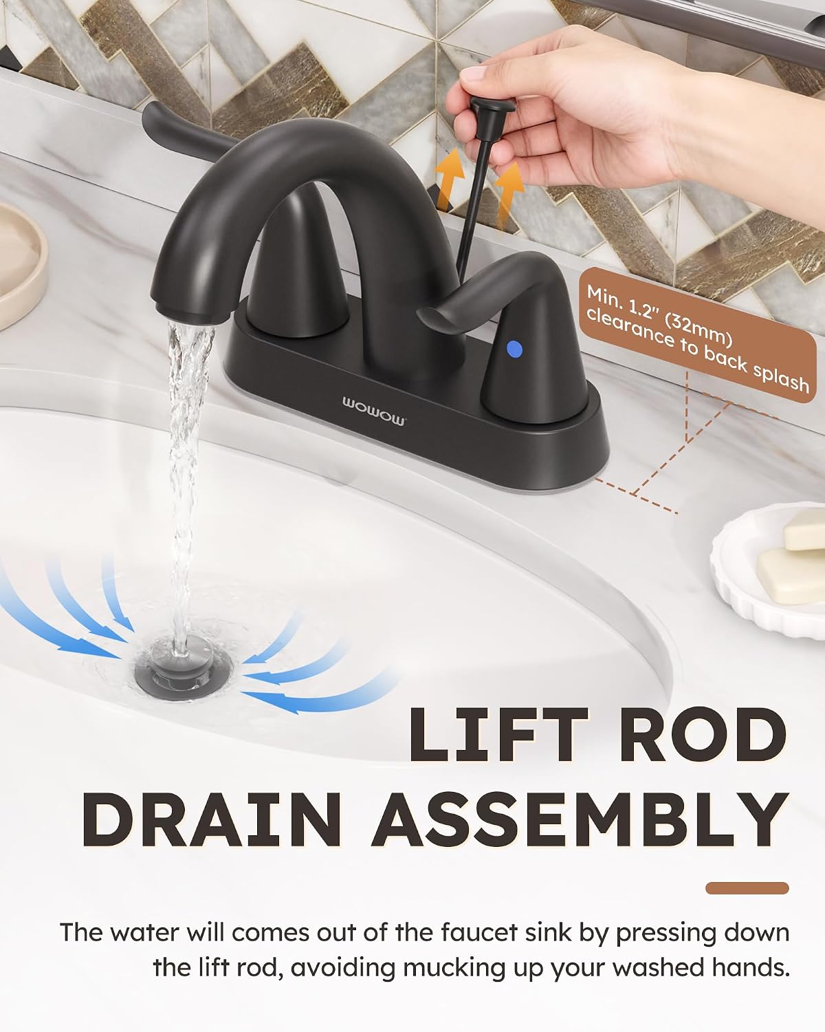 WOWOW Black Bathroom Faucet 2 Handle Bathroom Sink Faucet 4 inch Centerset Bathroom Faucets 3 Holes Lavatory Faucet with Lift Rod Drain Stopper Vanity Faucet Lead-Free Basin Mixer Tap Matte Black