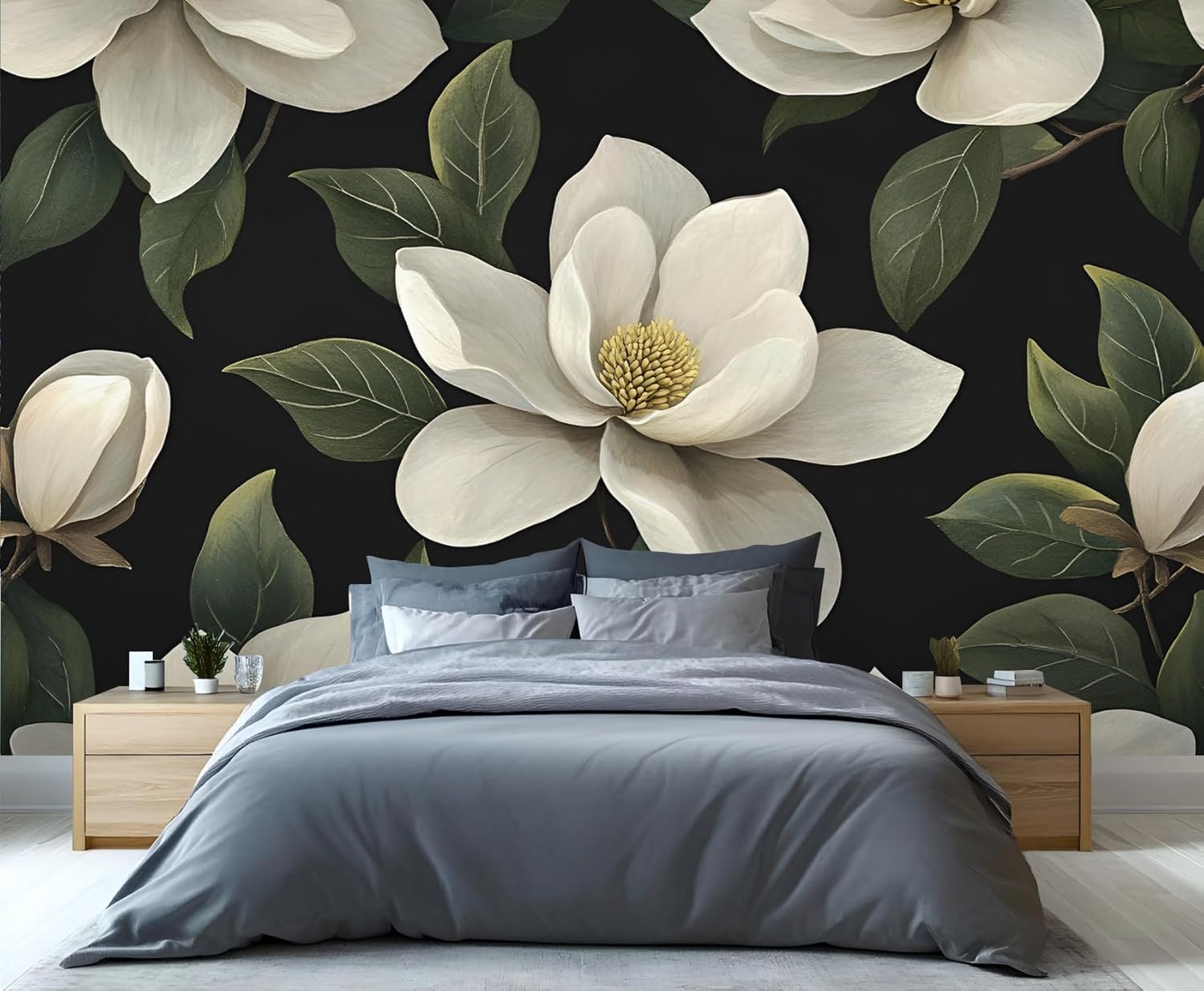Green Leaves and White Flowers Wall Murals, Tropical Plants Mural, Removable Wallpaper for Living Room Bedroom TV Background Hotel Bar Decor - 144"W x 100"H