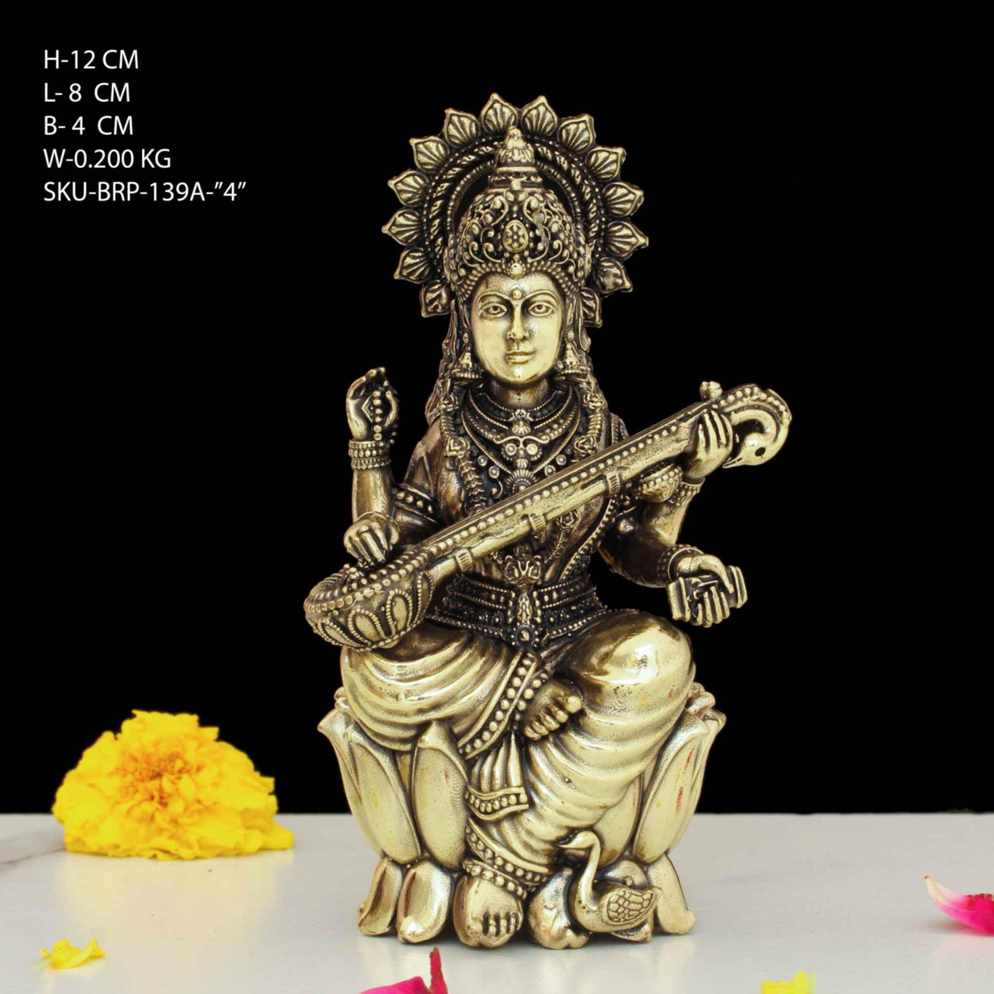 INDICAST Statua artigianale in ottone della dea Saraswati, per tempio domestico, statuetta Maa Saraswati, idolo Murti, simbolo di apprendimento e creatività (peso: 200 gm)