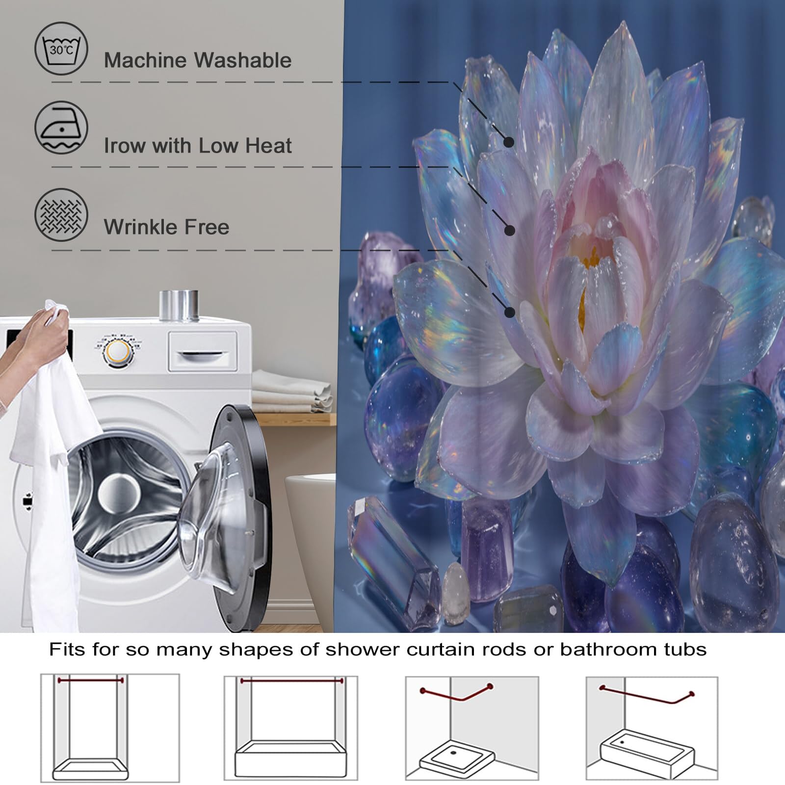 Rideau Douche,Rideau Baignoire Lavable en Machine Rideaux Douche Tissus Lavable Rideau De Baignoire Lavable pour Salle De Bain Domicile Baignoire Famille,Lotus De Cristal,