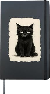 Funny Grumpy Black Neko Cat Kawaii Japanese Anime Vintage Hardcover Journal, Black