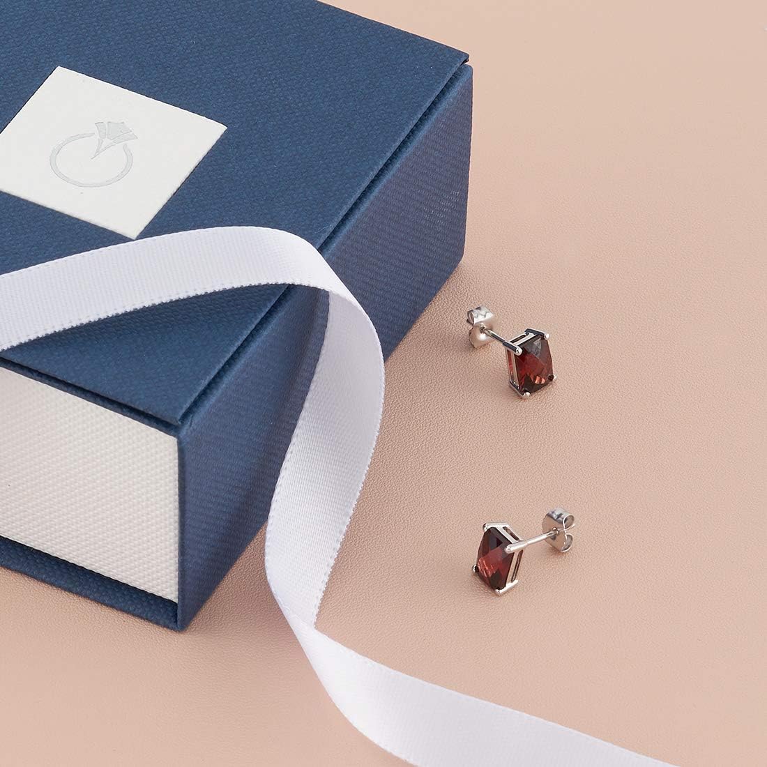 Peora Solid 14K White Gold Garnet Solitaire Stud Earrings for Women, Genuine Gemstone, Hypoallergenic 7x5mm Radiant Cut, 2.50 Carats total, Friction Back, Red Garnet Earrings,
