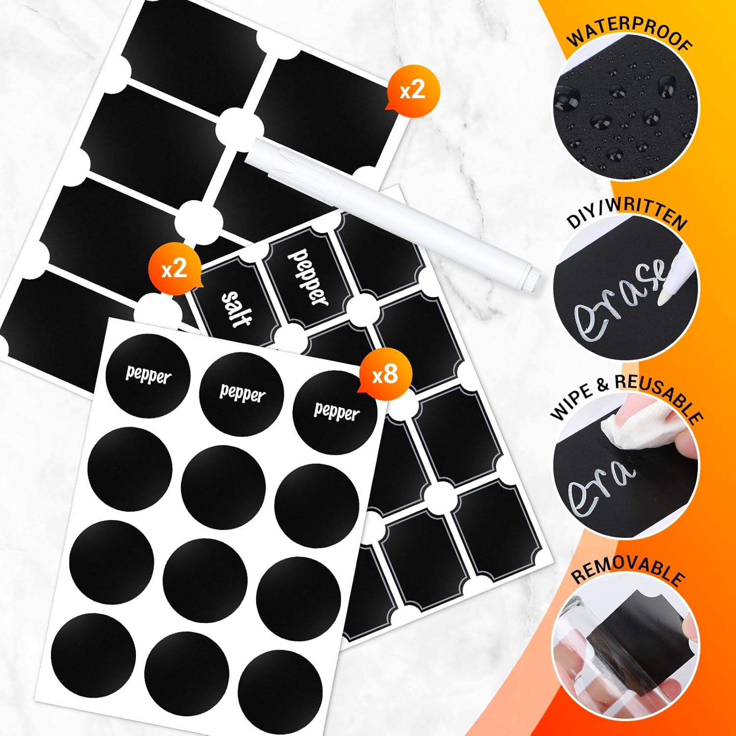 Segarty Glass Spice Jars with Label, 6 Pack 10 oz Clear Empty Spice Jar with Shaker Lids, Salt Pepper Shakers with Ajustable Holes, Seasoning Bottles Set with 136 Stickers, 1 Chalk Pen and 1 Brush