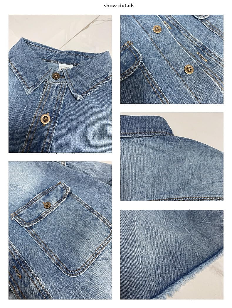 Camisa Mujer Camisa Vaquera Azul De Mujer Blusas De Cuello Extragrande Camisas Vaqueras Lavadas Casuales De Manga Larga con Botones Chaqueta Vaquera con Dobladillo Deshilachado Estilo WES