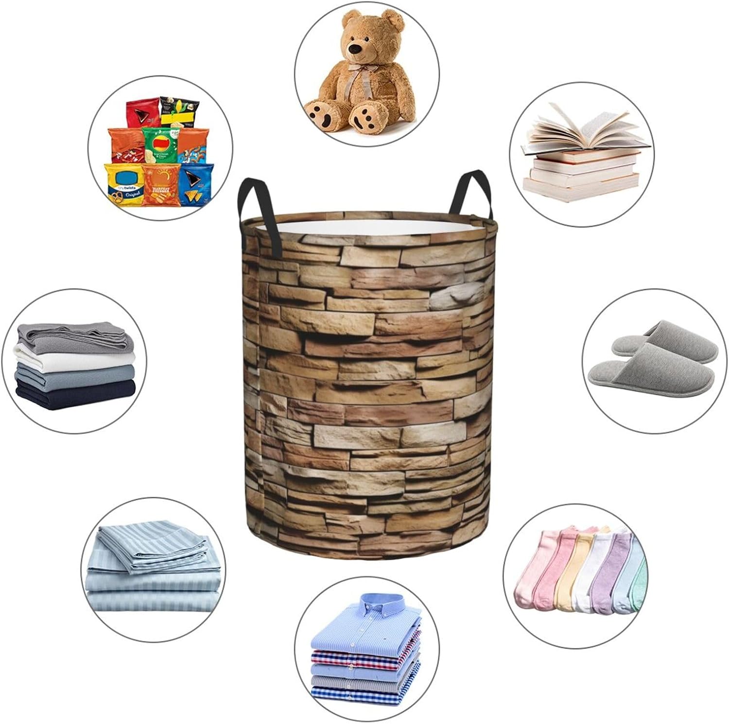 Rustic Rocks Brick Wall Laundry Basket With Handles, Foldable Laundry Hamper Oxford Cloth Dirty Clothes Basket Waterproof Clothes Toys Storage Bin Organizer for Bedroom Bathroom Dorm