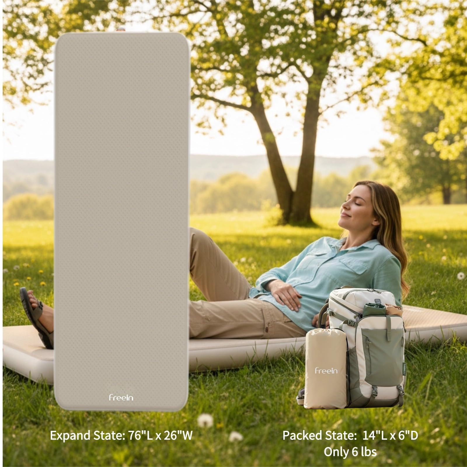 Freein Materasso gonfiabile ad aria singola, capacità di carico 453,6 kg, altezza del letto 10,2 cm, materassino portatile per campeggio, tenda e ospiti, pavimento con pompa ad aria manuale e borsa