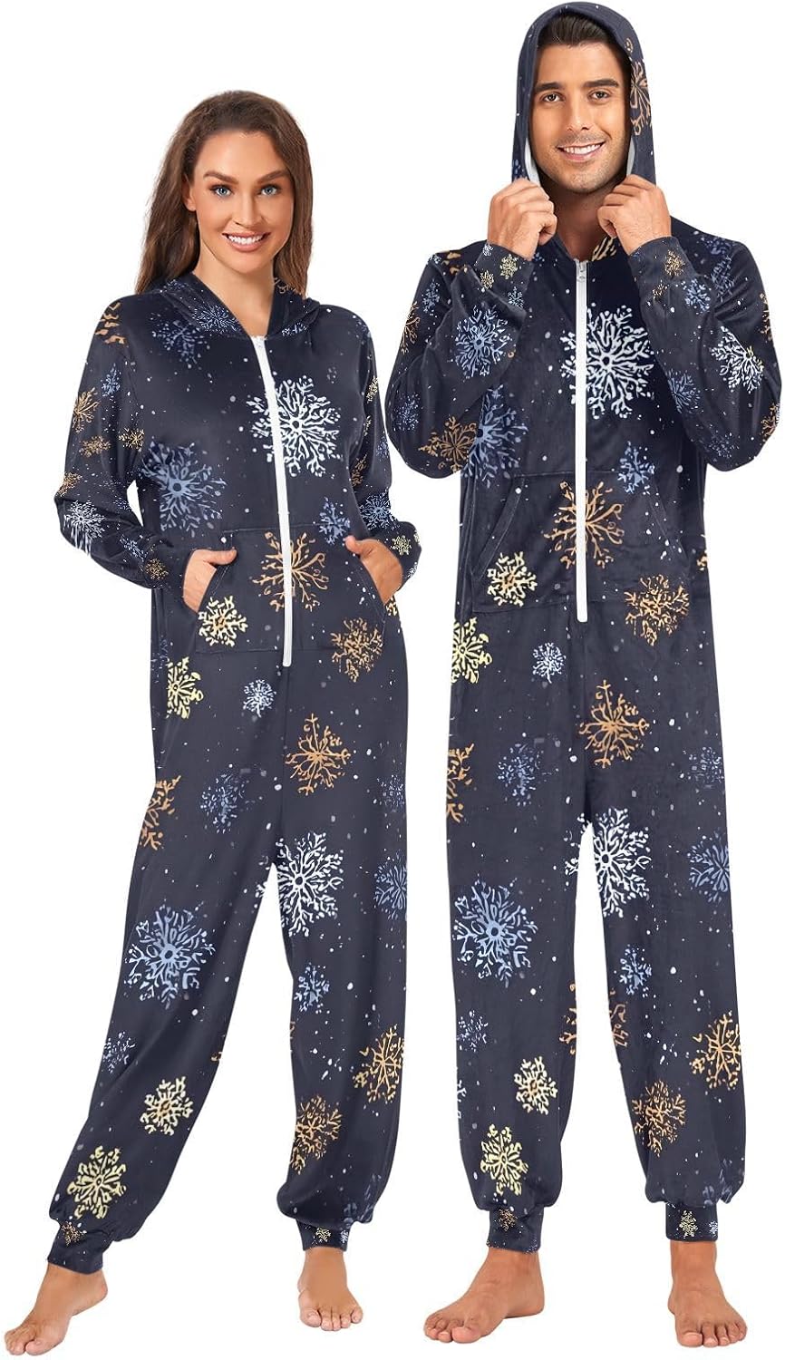 Golden Snowflakes Dark Blue White Adult Onesie Pajamas for Unisex Novelty One Piece Costume Sleepwear