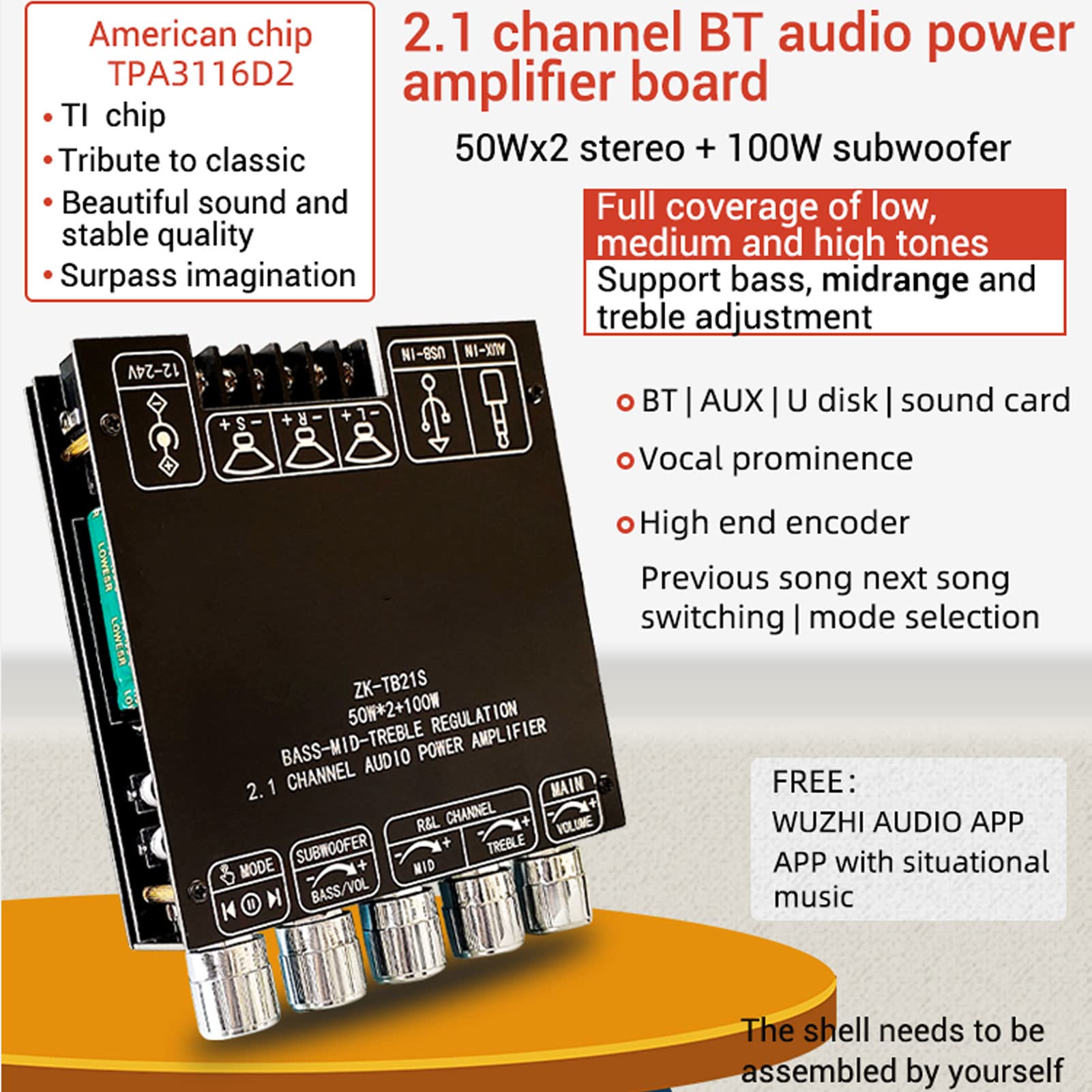 Septpenta Placa de Amplificador de Audio Bluetooth Tb21s de 2.1 Canales, Volumen Ajustable Individualmente, Rango de Ajuste de Cobertura Completa, Funciones Múltiples, 10 Tipos de Sonido Natural