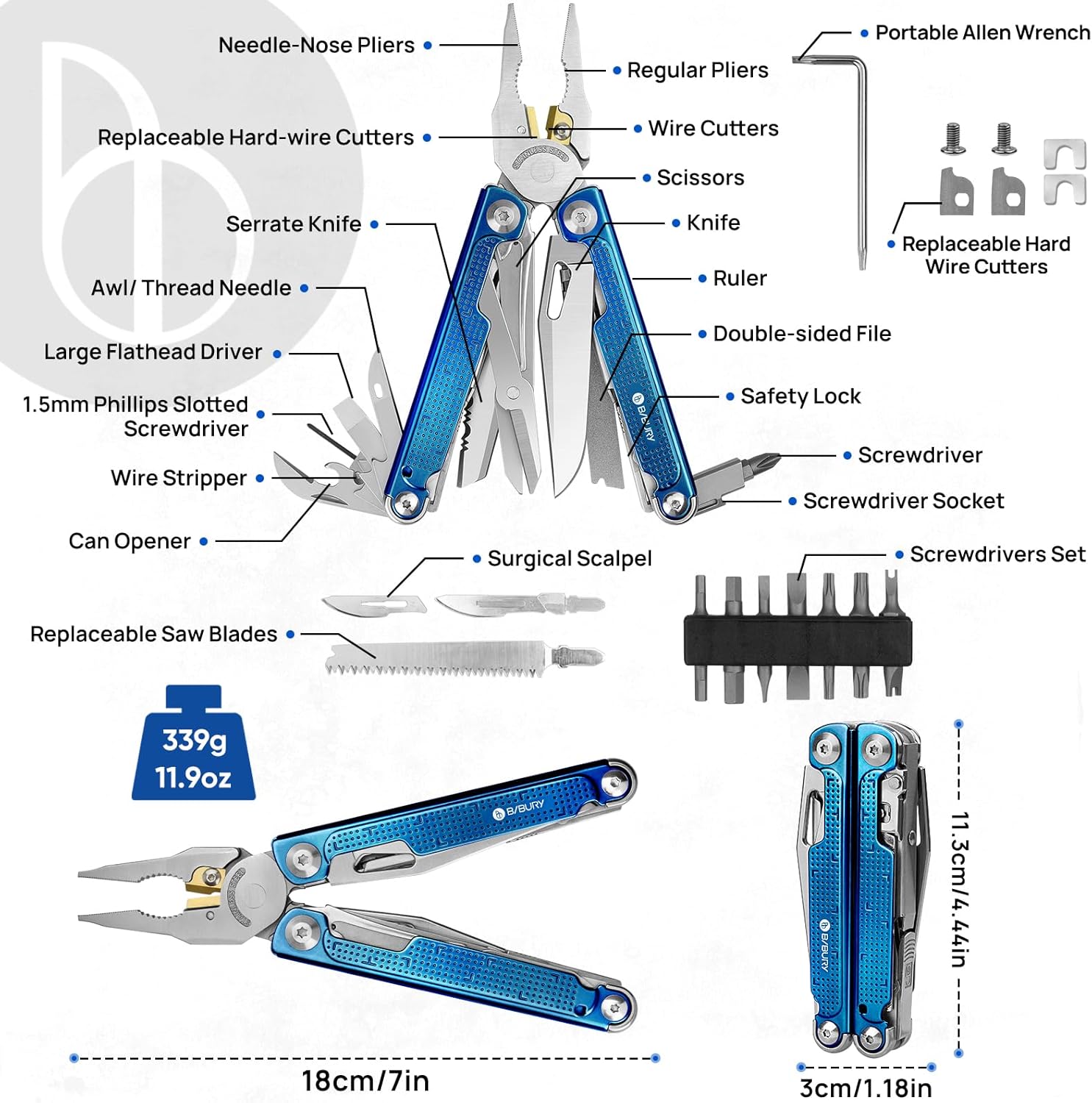 BIBURY Multitool Pliers BI2049BL with Blue Titanium Handle, EDC Multi Tool with Replaceable Wire Cutter, Full-Size Scissors and Screwdirver Set, Heavy Duty Hand Tool for DIY, Repair, Camping, Survival