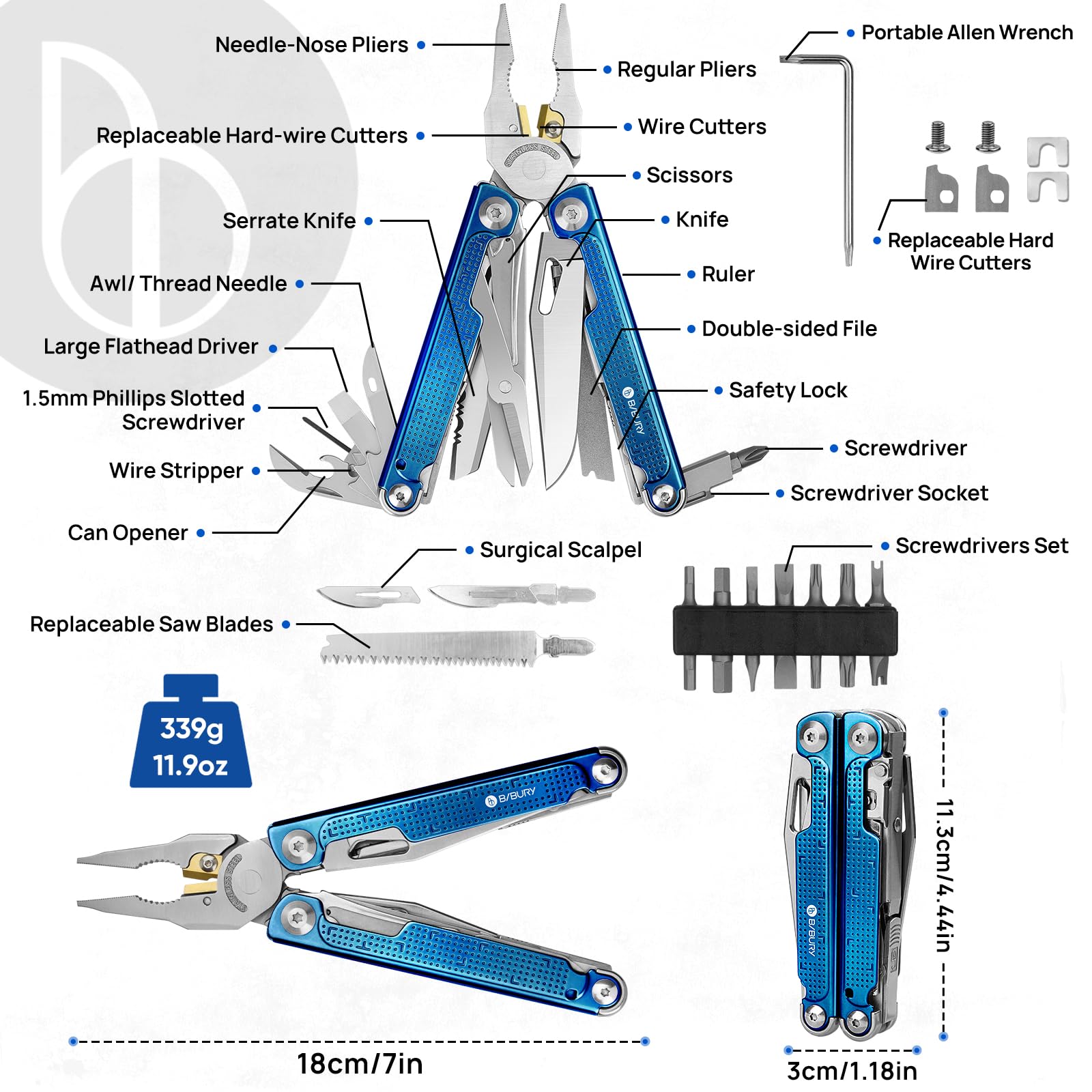 BIBURY Multiherramientas, alicates plegables con mango de titanio azul,regalo para hombres, navaja multiusos de acero inoxidable para el trabajo exterior, camping, reparación - Pro BI2049BL