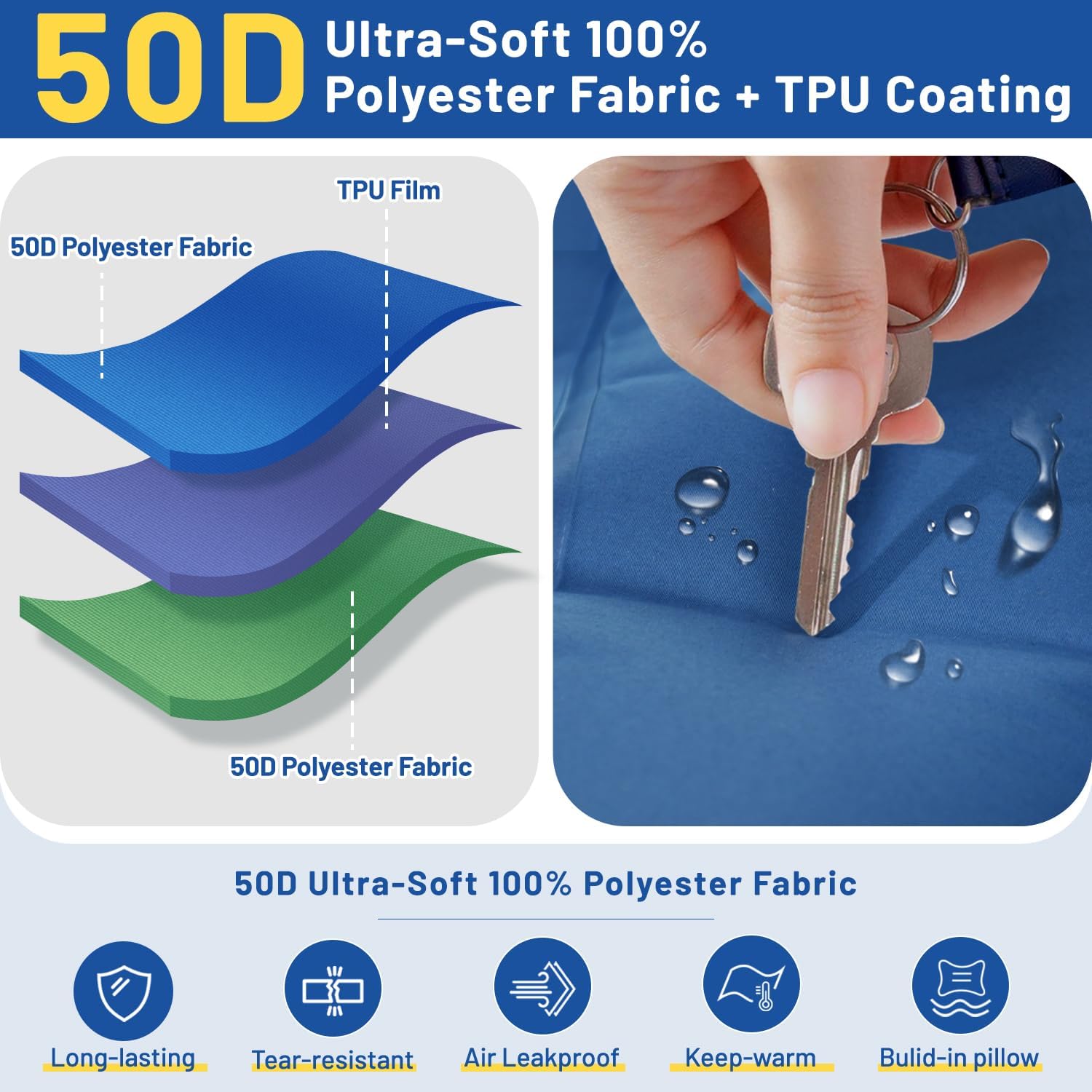 Camping Sleeping Pad, Extra Thick 6 Inch Camping Mat with Pillow Built-in Foot Pump Ultralight Inflatable Sleeping Pads Compact for Hiking Backpacking Camping Traveling Tent, Portable Sleeping Mat