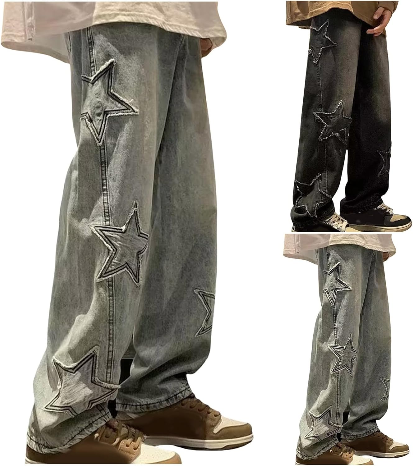 Cambkatl Men's Baggy Stars Graphic Jeans Wide Leg Casual Loose Fit Streetwear Denim Pants with Pockets
