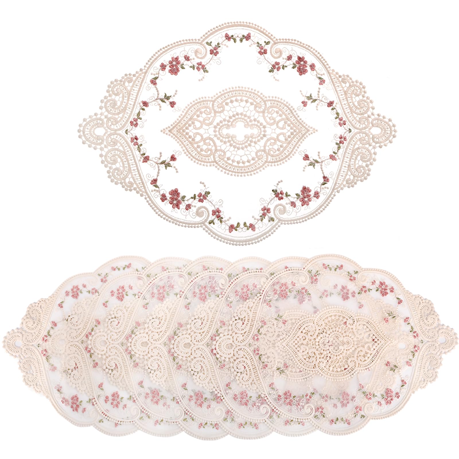 AVLA 6 Pack Retro Lace Placemats, French Flower Crochet Doilies, Handmade Farmhouse Embroidered Dinning Table Place Mats, Beige Vintage Crochet Lunchmat Doilies for Home Kitchen Wedding Decoration