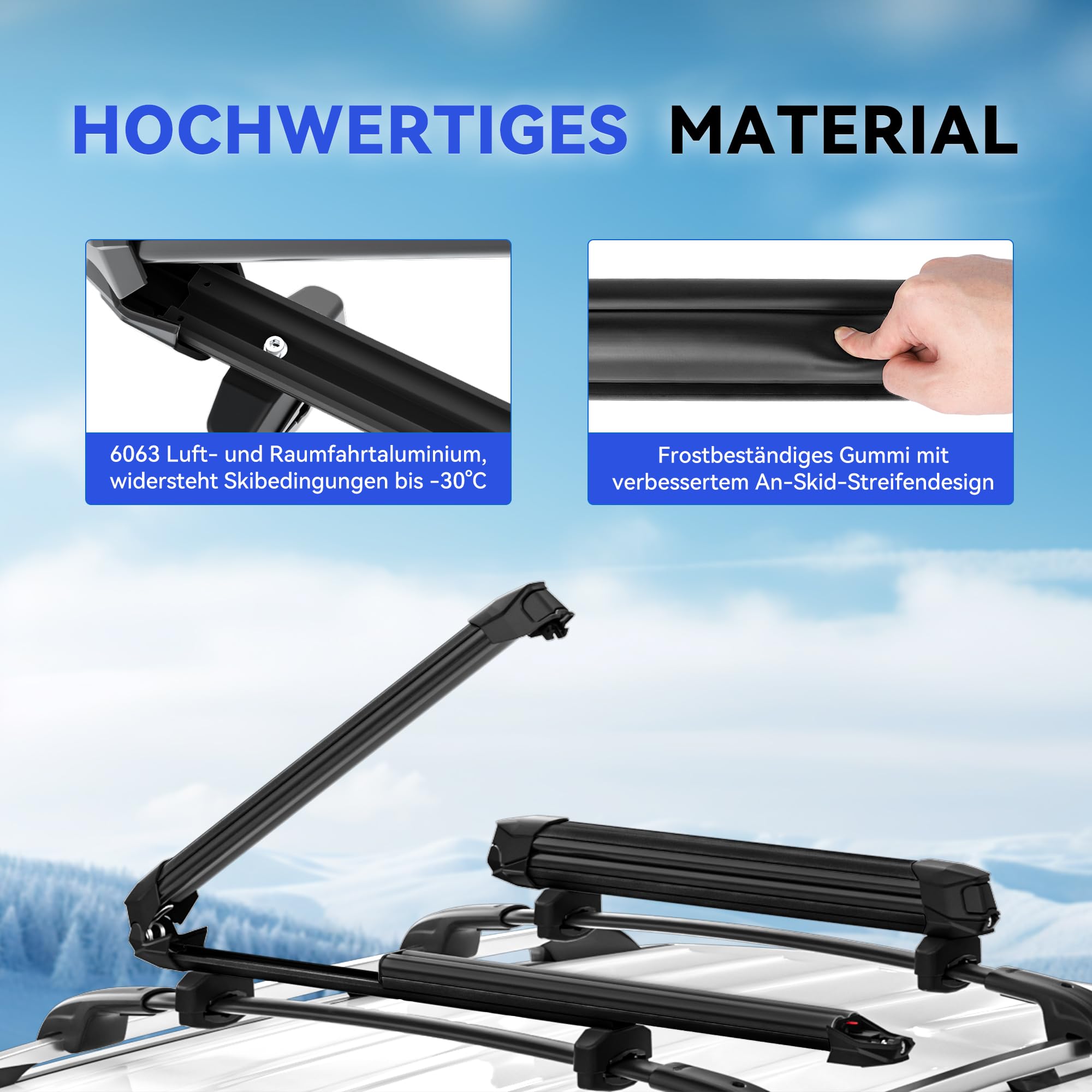 Ski- und Snowboard-Dachträger, Universal-Skiträger, mit Anti-Diebstahl-Schloss, 28'' Passend für 6 Paar Skier/4 Snowboards, Passend für Square/Round/Aero/Oval Cross Bars, eisenhaltig
