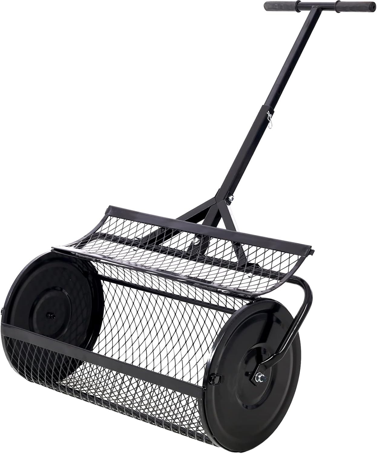Distribuidor de compost - Rodillo de turba de 61 cm con mango ajustable en forma de T, ligero, de malla metálica, para césped, esparcir estiércol y tierra vegetal, color negro, con ranuras abiertas