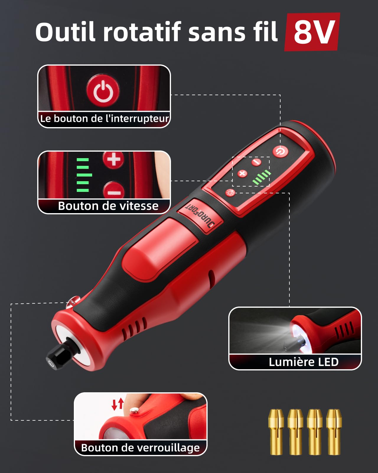 DuroFort mini meuleuse sans fil 8 V, 146 accessoires, avec batterie au lithium 2000 mAh, meuleuse droite à 5 vitesses variables pour l'élimination de la rouille, le meulage, la coupe, le polissage