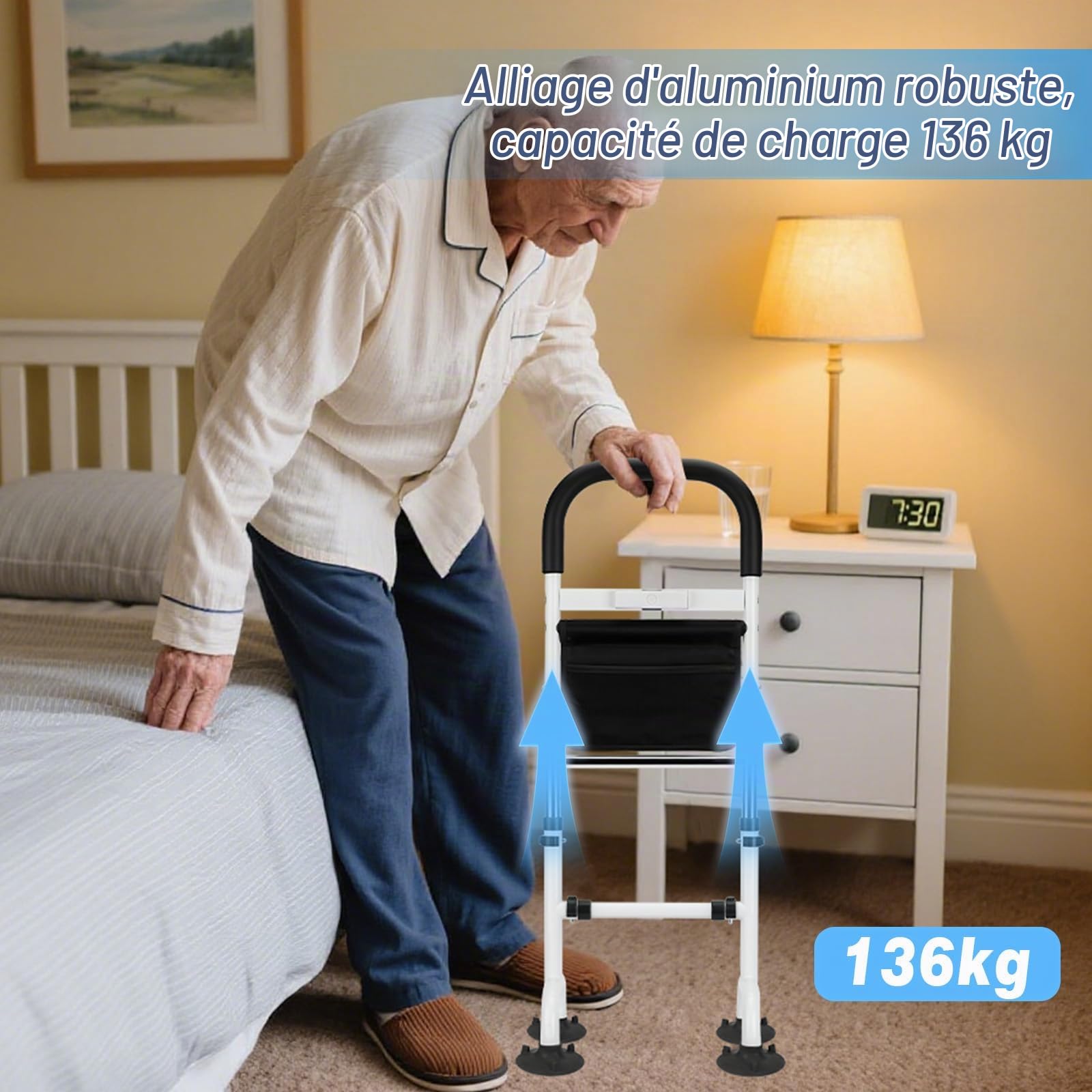Aides Lever Lit 78 – 95 cm Réglable Support pour se lever du lit avec lumière LED Capacité 136 kg Aide pour rester debout sur les canapés, lits, à côté des toilettes pour personnes âgées et
