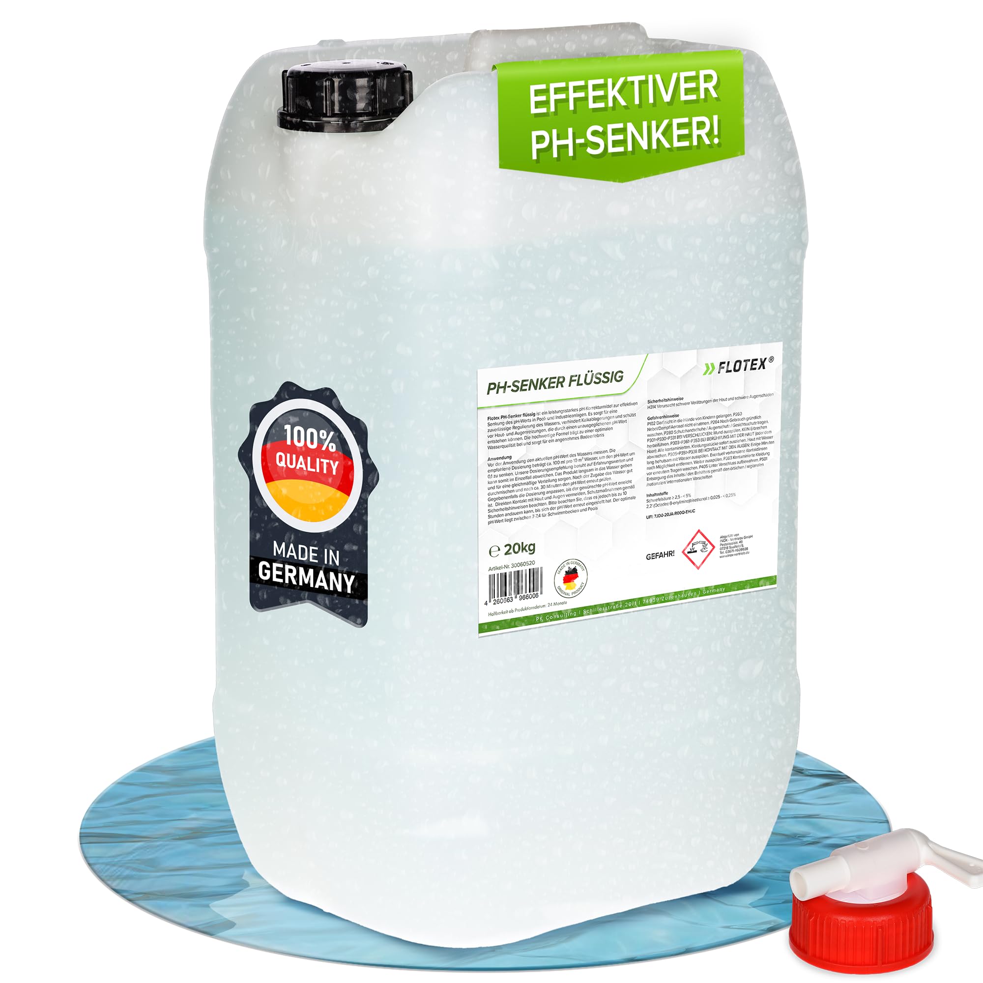 pH Minus liquide professionnel 20 kg dans un bidon de stockage | Réducteur de pH liquide très efficace pour piscines et jacuzzis | Régulation optimale du pH | Équilibre de l'eau