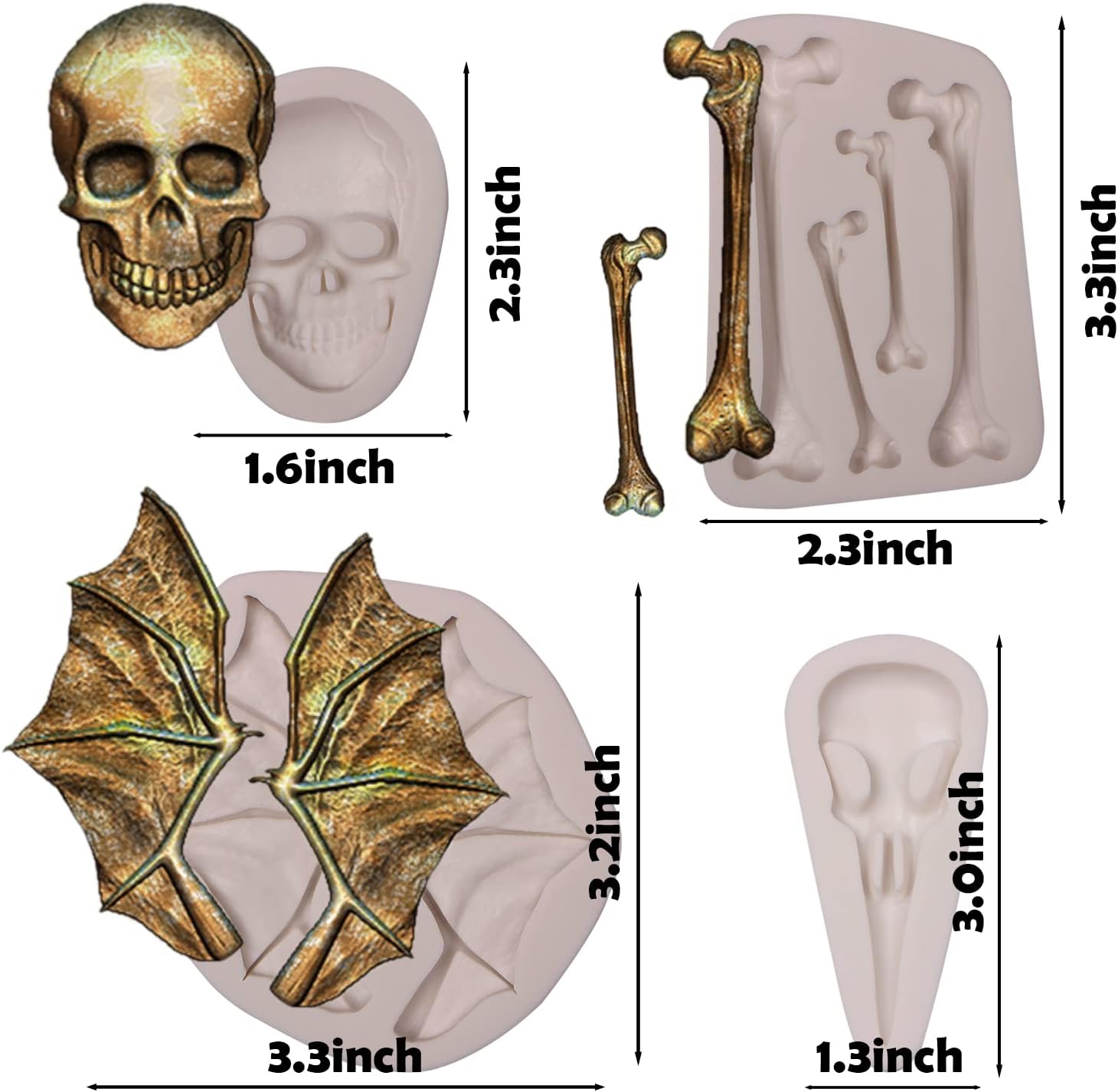 Skull Bones Silicone Fondant Molds, Halloween Bat Wings Beak Chocolate Molds for Cake Decoration Candy Sugar Craft Gum Paste - Image 2