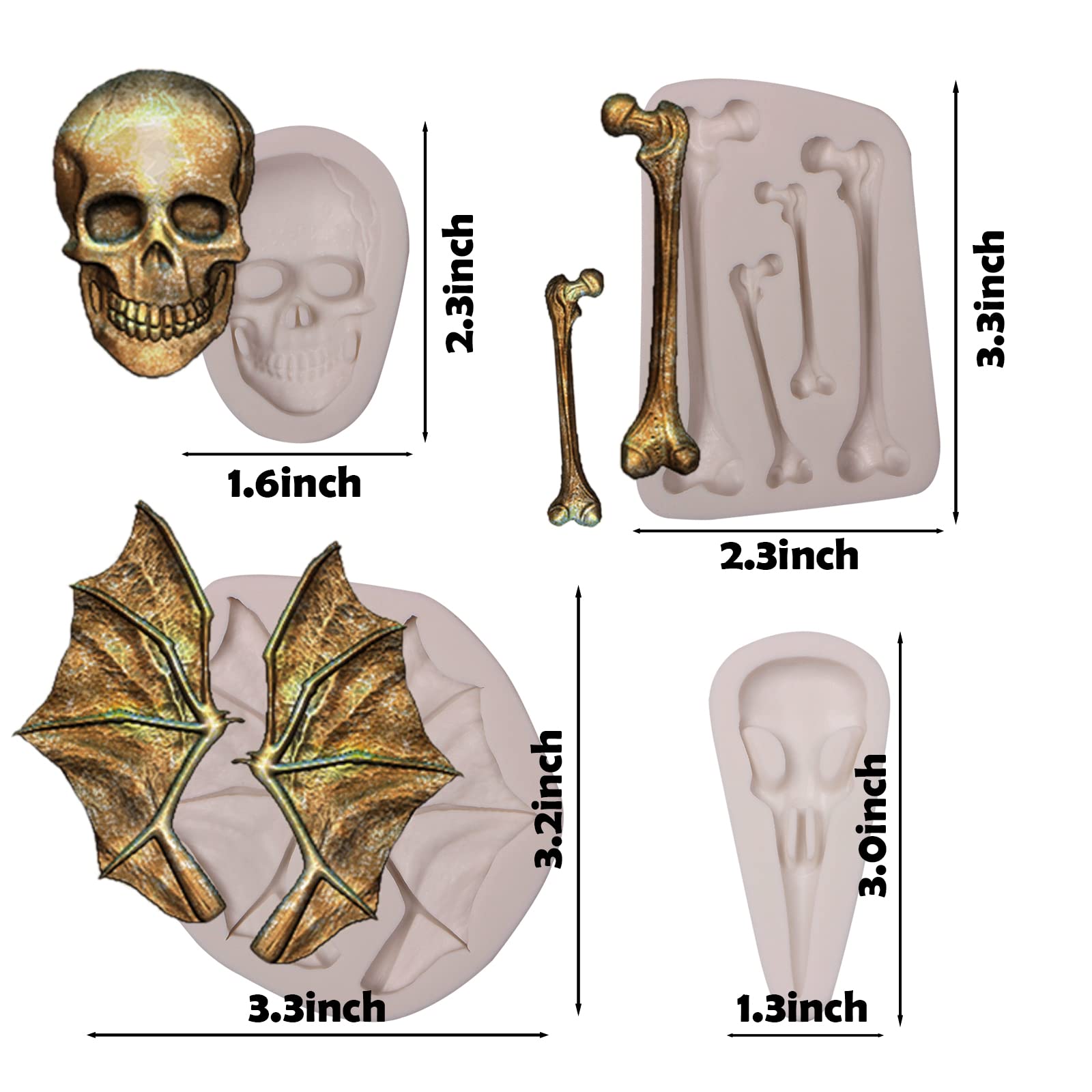 Skull Bones Silicone Fondant Molds, Halloween Bat Wings Beak Chocolate Molds for Cake Decoration Candy Sugar Craft Gum Paste