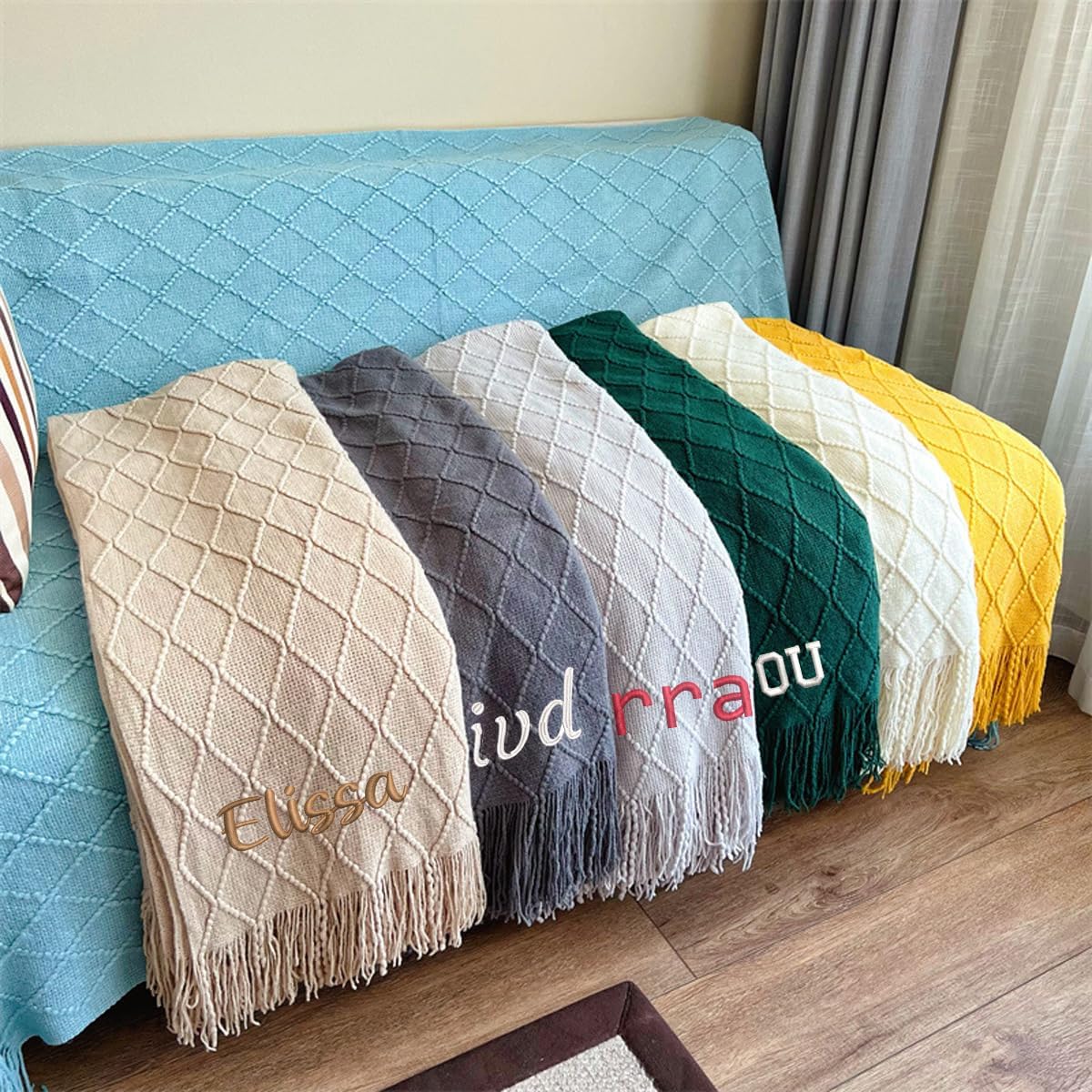 Personalized Throw Blanket with Multiple Names，Knitted Throw Blanket Personalized，Throw Blankets for Bed Boho，Throw Blanket for Couch (Embroidery Name,130 * 230CM)
