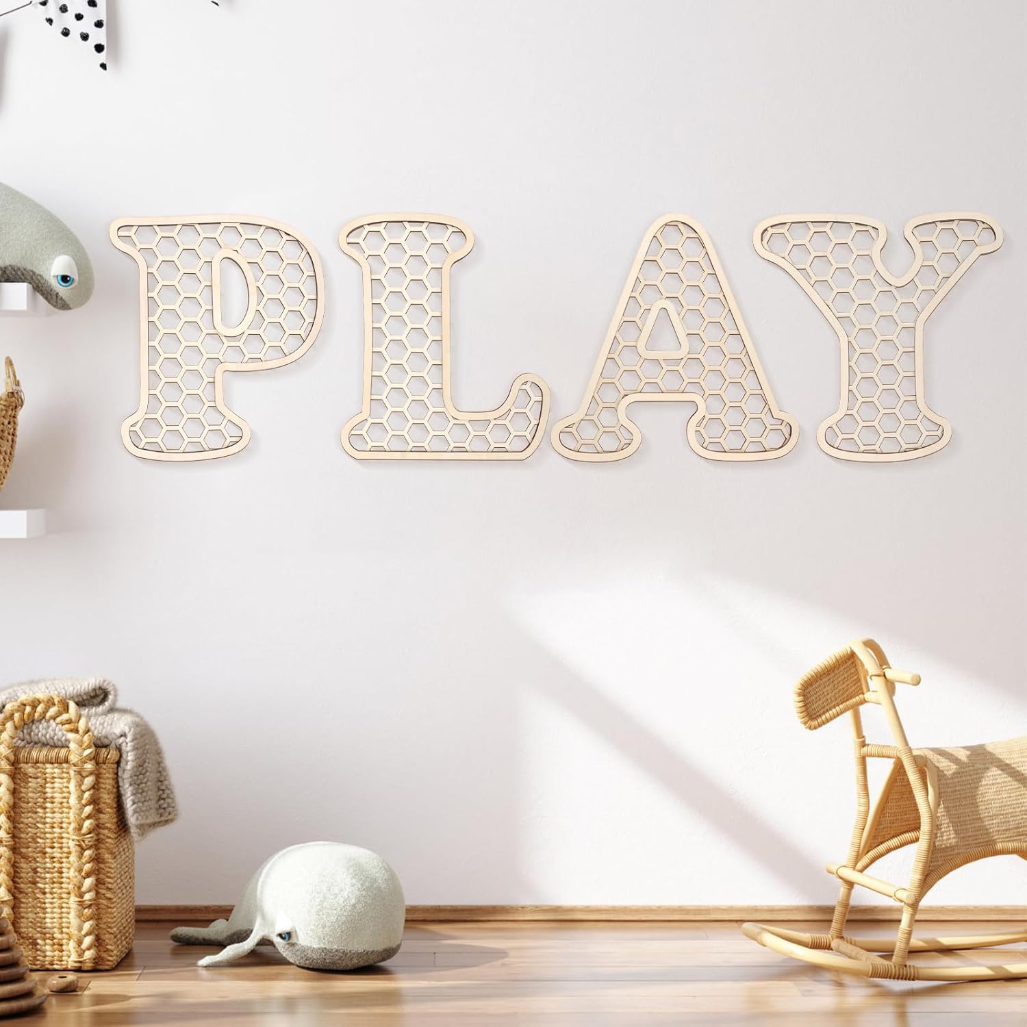 Play Sign – 12 In Wooden Rattan Letters Playroom Sign, Playroom Wall Decor for Toddler Girls Boys, Play Room Wall Decor for Kids Playroom Nursery Room Decorations