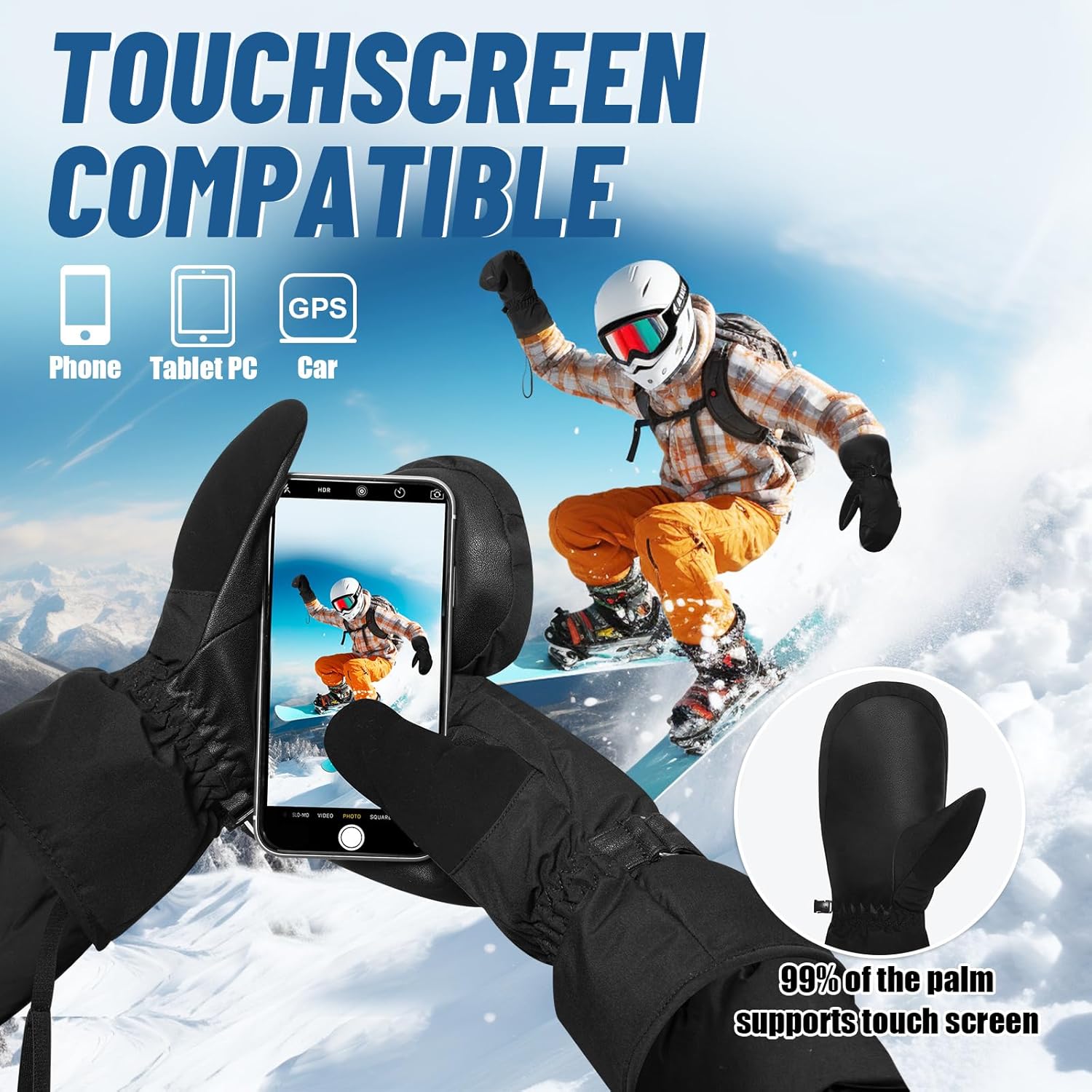 Pixel Panda Ski Mittens Snow Gloves Waterproof with 3M Insulated, Touchscreen Anti-Slip Gloves for Cold Weather Snow Sports Christmas - Image 4
