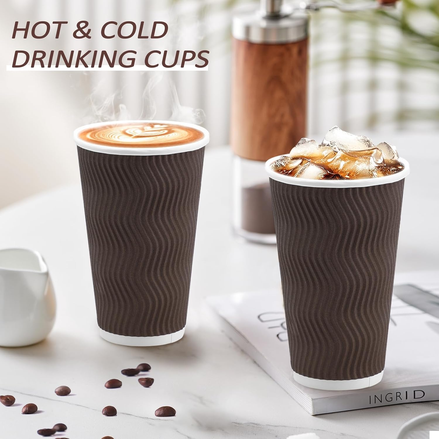 16 oz Coffee Cups Disposable, 90 Count Insulated Paper Coffee Cups, Corrugated Ripple Wall Design Paper Cup, Hot Cold Drinking Cup for Party, Picnic, Travel, Business, Home - Image 4