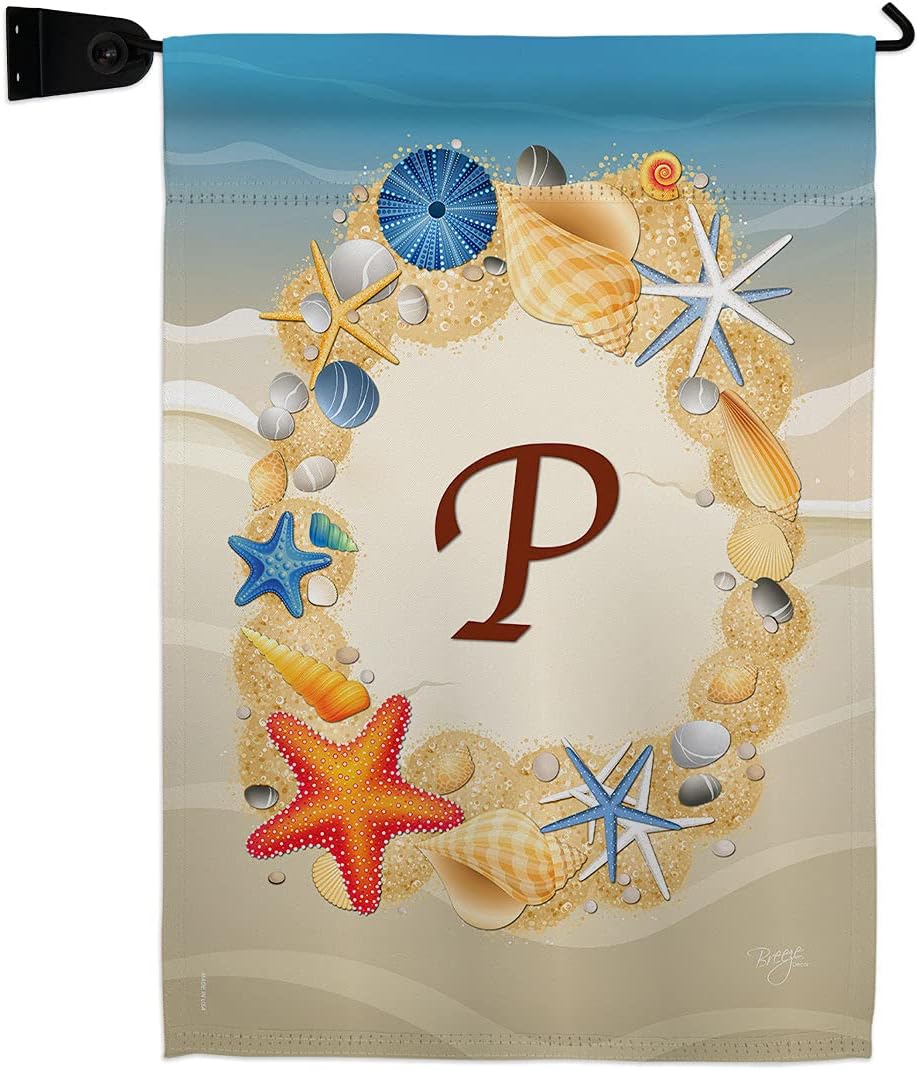 Summer P Initial Burlap Garden Flag Set Wall Holder Monogram Coastal Beach Tropical Sea Shells Ocean Sand Outdoor Coral Small Decorative Gift Yard House Banner Double-Sided Made In USA 13 X 18.5